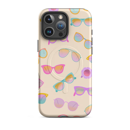 Cute and durable MagSafe iPhone case with a light yellow background and hand-drawn retro sunglasses, perfect for summer with a fun, girly, and trendy retro vibe. Created by Lindsey Kay Collective.