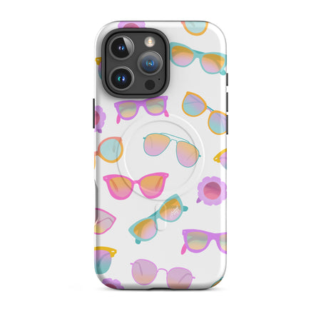 Cute and durable MagSafe iPhone case with colorful pastel hand-drawn retro sunglasses, perfect for summer with a fun, girly, and trendy retro vibe. Created by Lindsey Kay Collective.