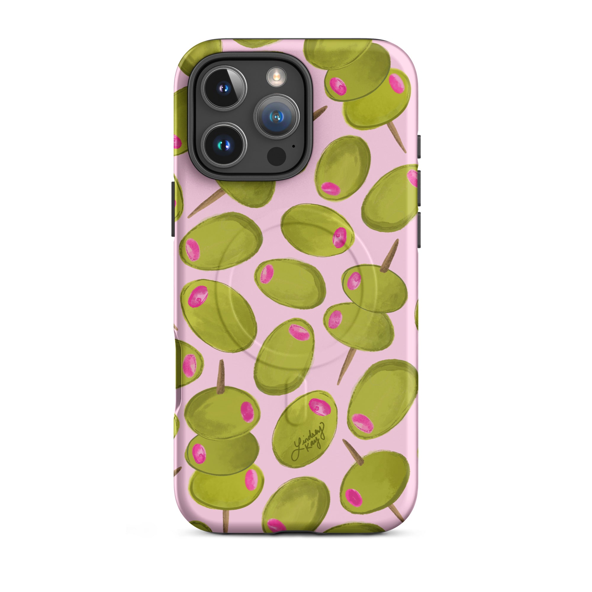 Tough durable Magsafe iPhone case with pink and green hand-drawn olives pattern, designed by Lindsey Kay Collective. Preppy and protective phone case for martini lovers, available in all iPhone sizes.