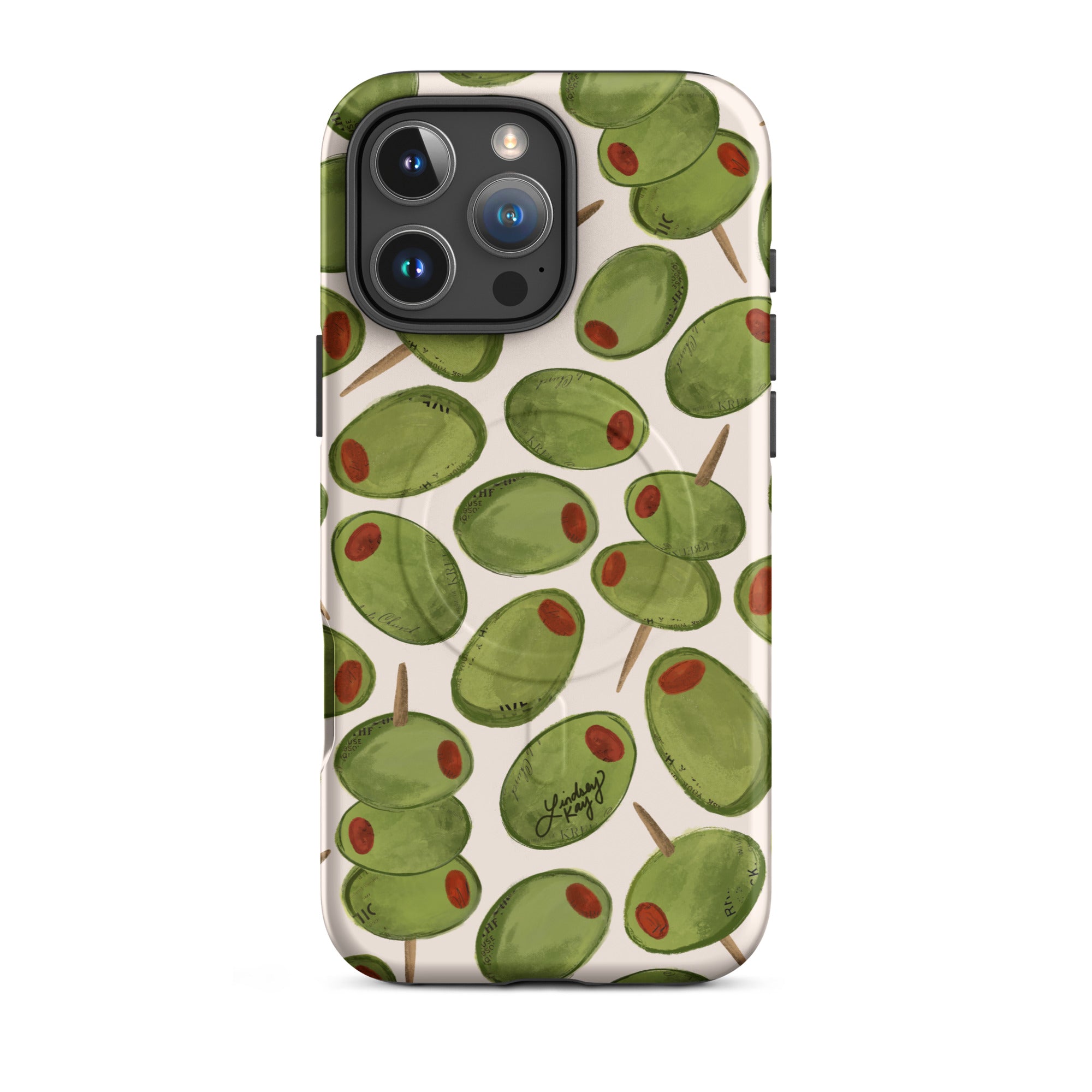 Tough durable Magsafe iPhone case with tan and green hand-drawn olives pattern, designed by Lindsey Kay Collective. Preppy and protective phone case for martini lovers, available in all iPhone sizes.