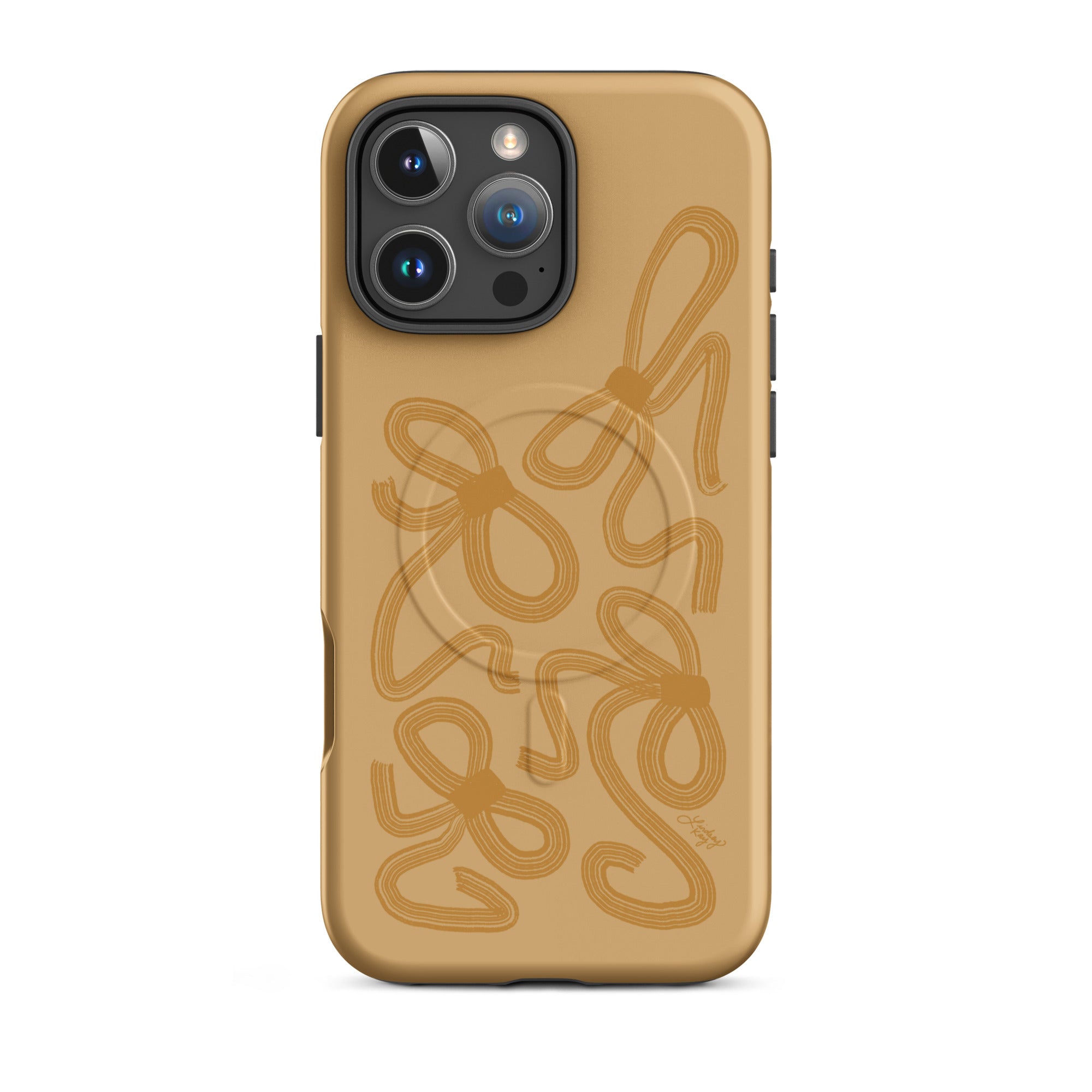 Hand-illustrated abstract gold ribbon iPhone case – coquette girly design, durable MagSafe cover by Lindsey Kay Collective