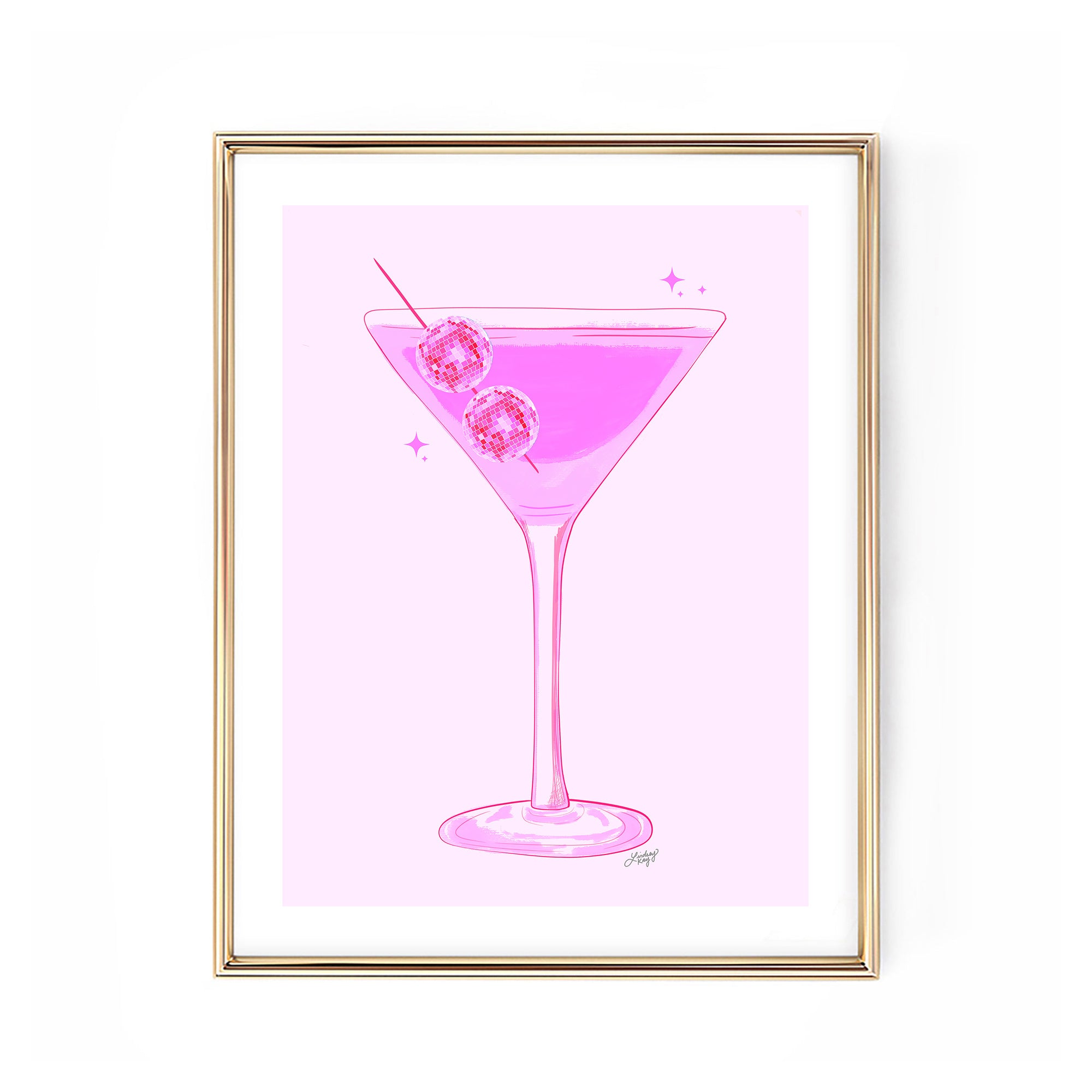 Hand-illustrated disco ball martini glass art print by Lindsey Kay Collective – retro cocktail wall art for bar carts, kitchens, dorms, or gallery walls – colorful disco glam illustration – printed on enhanced matte paper with vibrant inks – available in multiple colors and 10 sizes