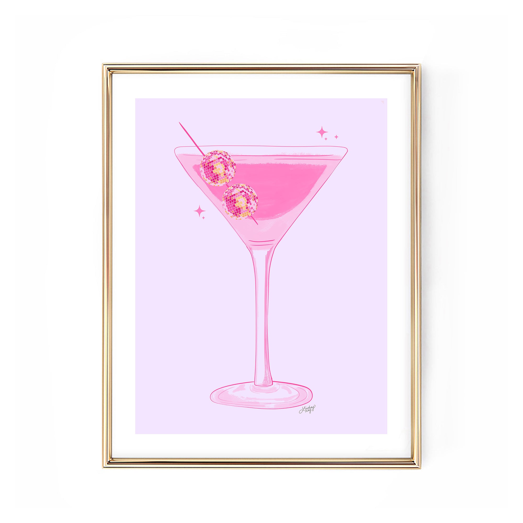Hand-illustrated disco ball martini glass art print by Lindsey Kay Collective – retro cocktail wall art for bar carts, kitchens, dorms, or gallery walls – colorful disco glam illustration – printed on enhanced matte paper with vibrant inks – available in multiple colors and 10 sizes