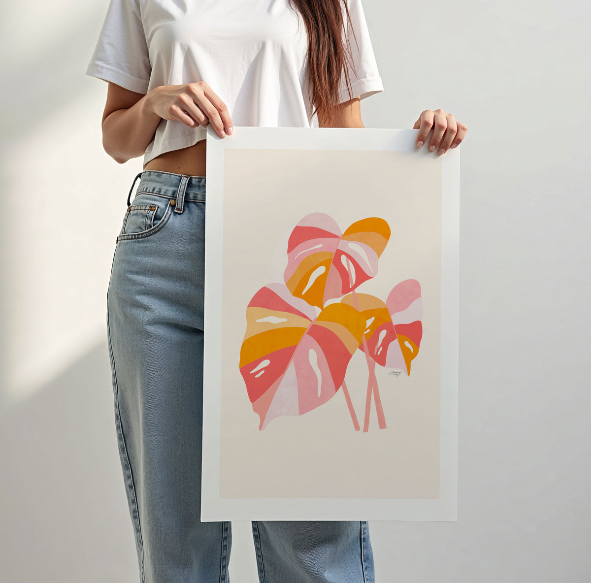 Hand-illustrated monstera plant art print by Lindsey Kay Collective – tropical plant wall art available in light green/lilac or pink/orange palettes – perfect for plant lovers, gallery walls, or colorful home decor – printed on enhanced matte paper with vibrant inks – available in 10 sizes