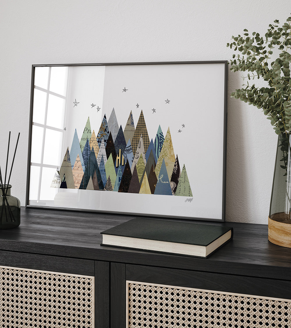Abstract mountain landscape collage art print by Lindsey Kay Collective – rustic wall art made from vintage cut paper – nature-inspired decor for cabins, mountain homes, or gallery walls – printed on enhanced matte paper with vibrant inks – available in multiple sizes