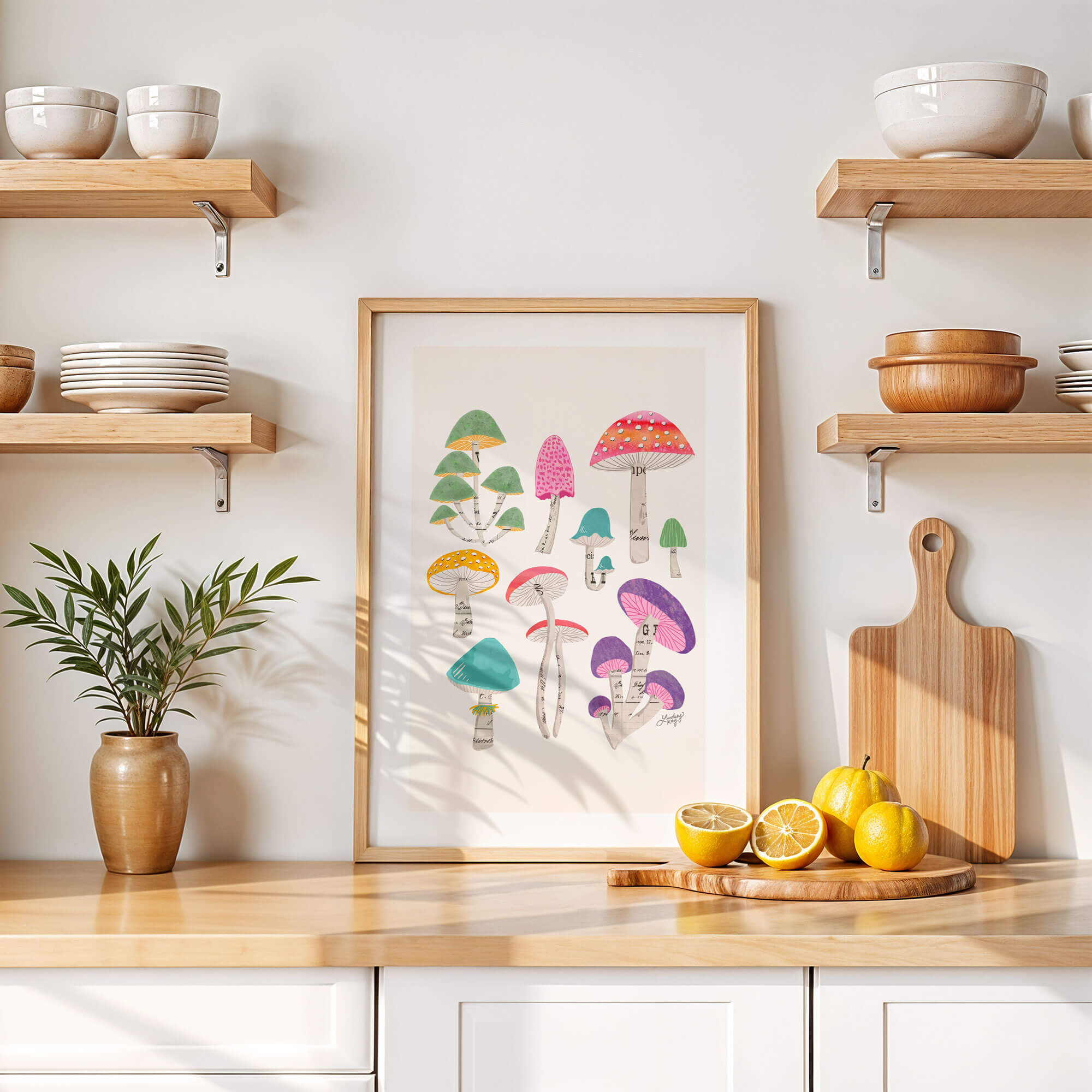 Hand-illustrated mushroom collage art print by Lindsey Kay Collective – nature-inspired wall art with vintage paper details – available in bright colorful or neutral earthy palettes – perfect for cabins, retro spaces, gallery walls, or mushroom lovers – printed on enhanced matte paper with vibrant inks – available in 10 sizes