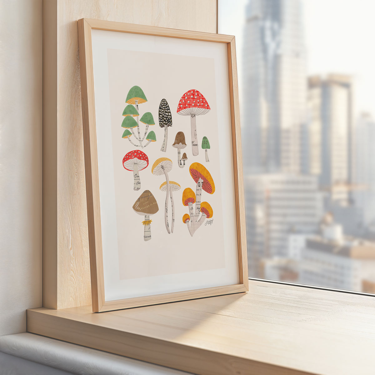 Hand-illustrated mushroom collage art print by Lindsey Kay Collective – nature-inspired wall art with vintage paper details – available in bright colorful or neutral earthy palettes – perfect for cabins, retro spaces, gallery walls, or mushroom lovers – printed on enhanced matte paper with vibrant inks – available in 10 sizes