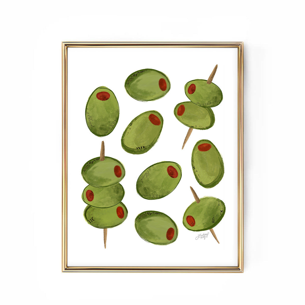 Hand-illustrated green and pink olives art print by Lindsey Kay Collective, perfect for kitchen wall decor, bar cart styling, or gifts for olive lovers. Available in multiple sizes, printed on premium matte paper.