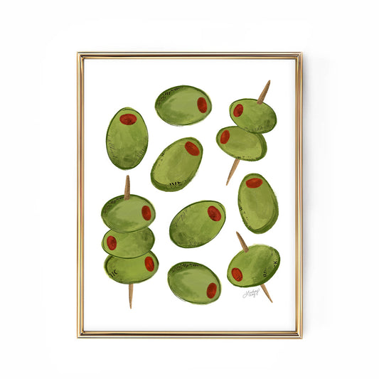 Hand-illustrated green and pink olives art print by Lindsey Kay Collective, perfect for kitchen wall decor, bar cart styling, or gifts for olive lovers. Available in multiple sizes, printed on premium matte paper.