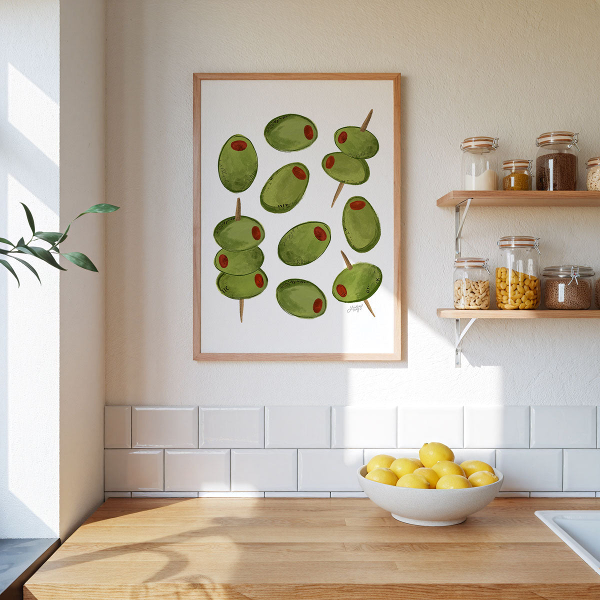 Hand-illustrated green and pink olives art print by Lindsey Kay Collective, perfect for kitchen wall decor, bar cart styling, or gifts for olive lovers. Available in multiple sizes, printed on premium matte paper.