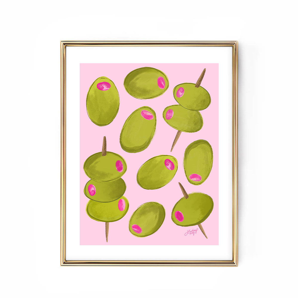 Hand-illustrated green and pink olives art print by Lindsey Kay Collective, perfect for kitchen wall decor, bar cart styling, or gifts for olive lovers. Available in multiple sizes, printed on premium matte paper.