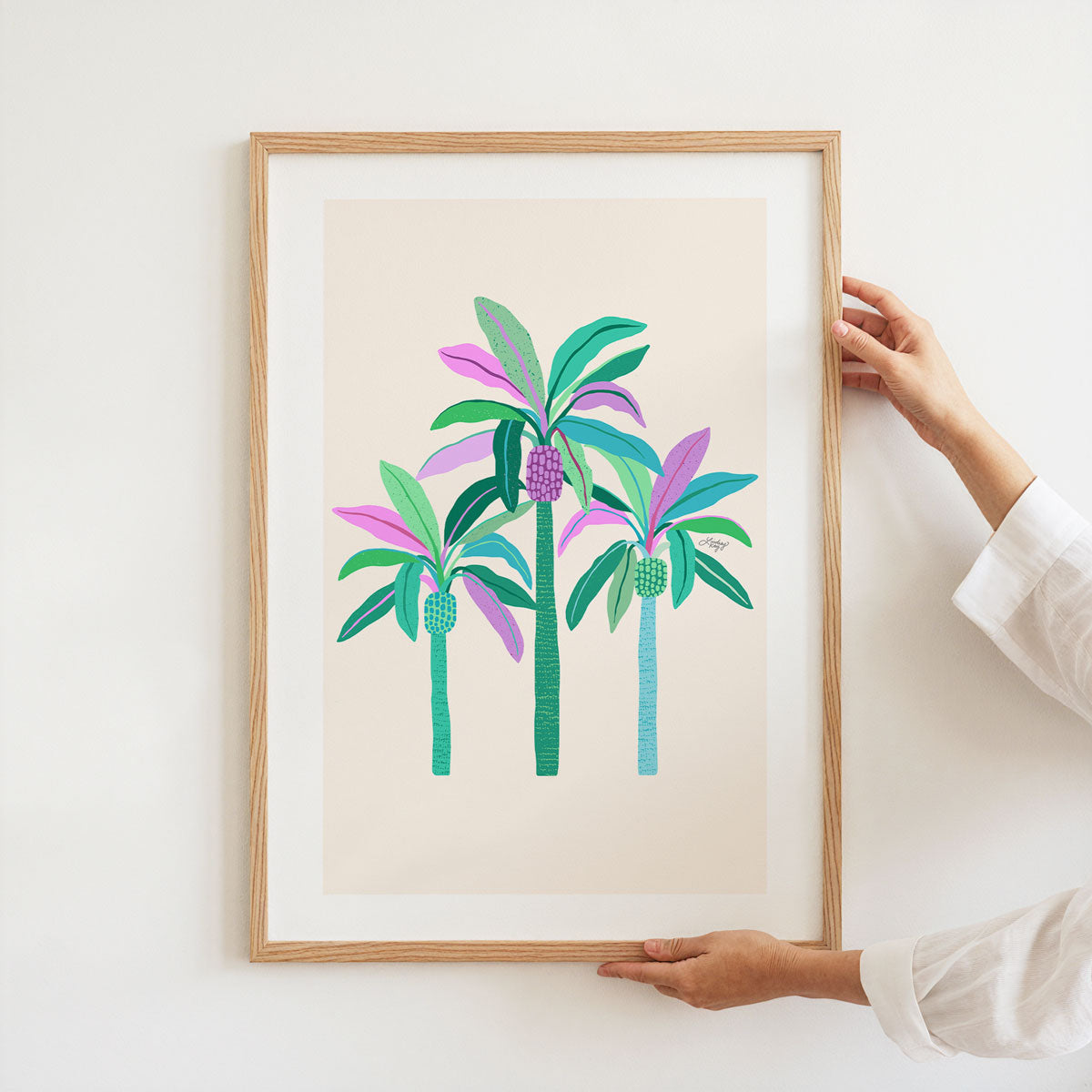 Ilustración de palmeras (paleta verde/púrpura/azul) - Impresión de arte
