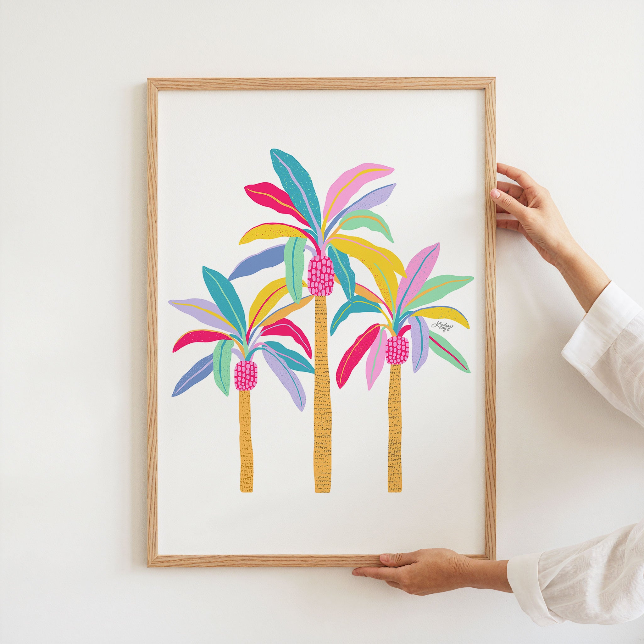 Hand-illustrated colorful pastel palm tree art print by Lindsey Kay Collective – tropical wall art available with tan or white background – perfect for beach houses, tropical rentals, Airbnbs, dorm rooms, or gallery walls – printed on enhanced matte paper with vibrant inks – available in 10 sizes