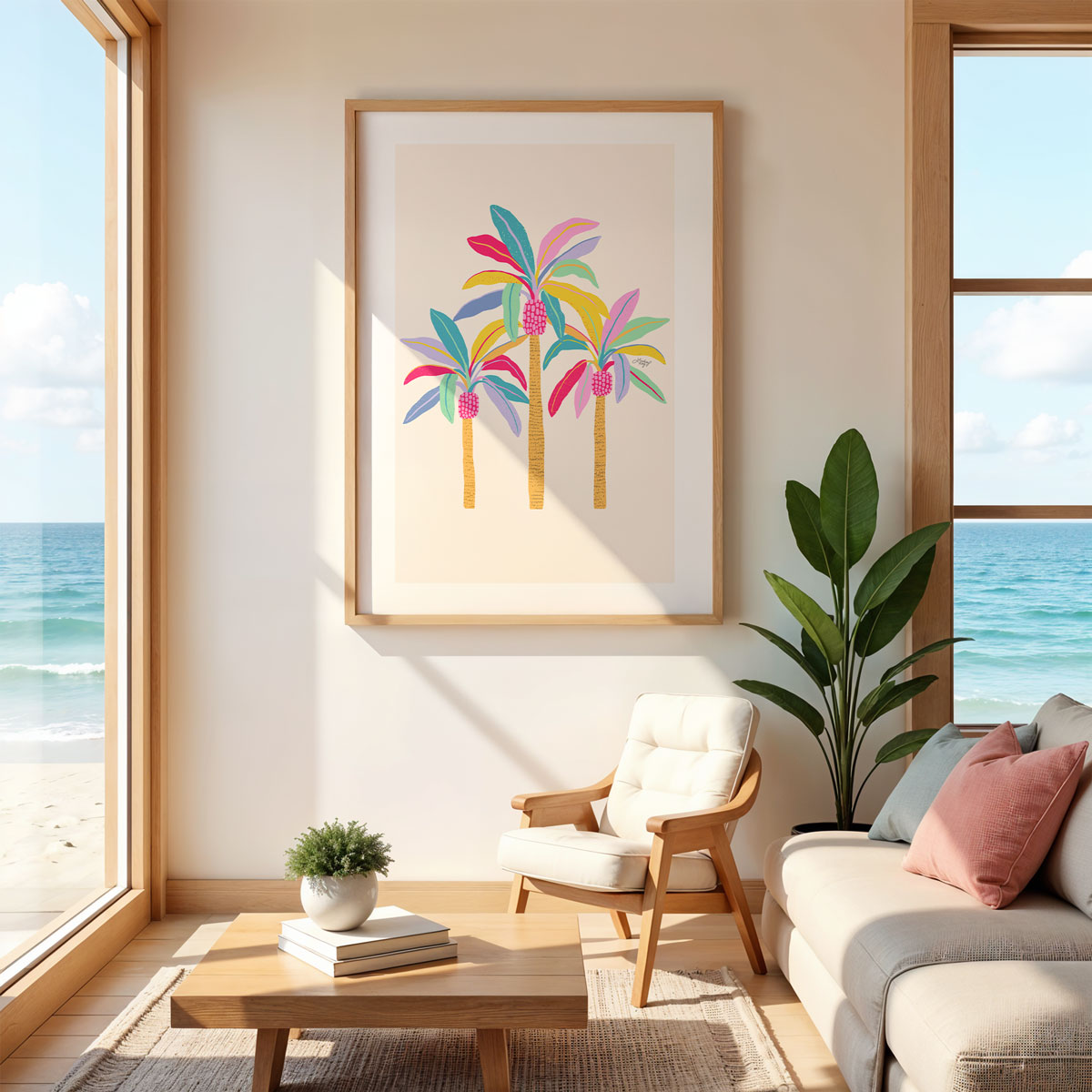 Hand-illustrated colorful pastel palm tree art print by Lindsey Kay Collective – tropical wall art available with tan or white background – perfect for beach houses, tropical rentals, Airbnbs, dorm rooms, or gallery walls – printed on enhanced matte paper with vibrant inks – available in 10 sizes