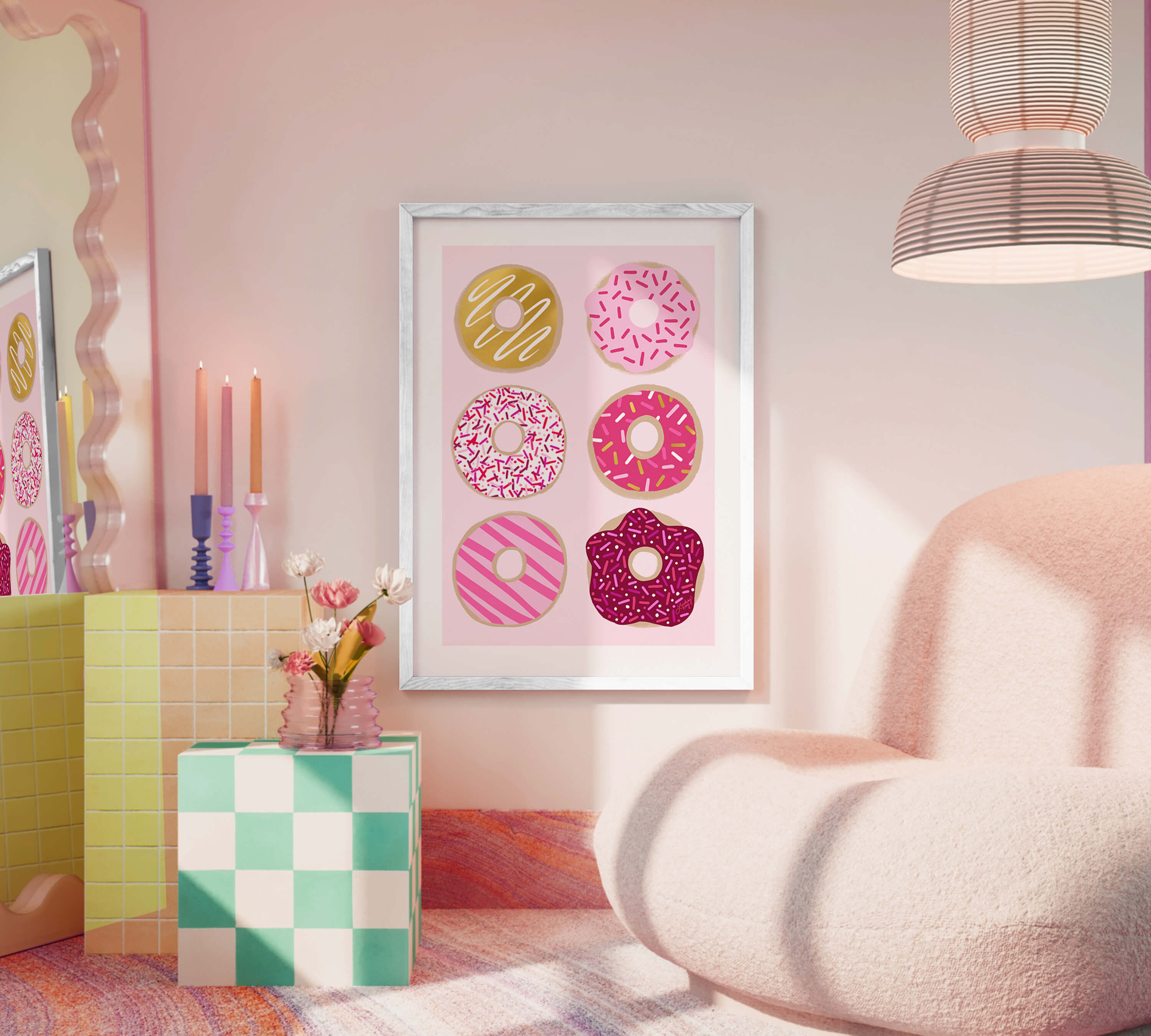 Ilustración de donuts rosas y dorados - Impresión de arte
