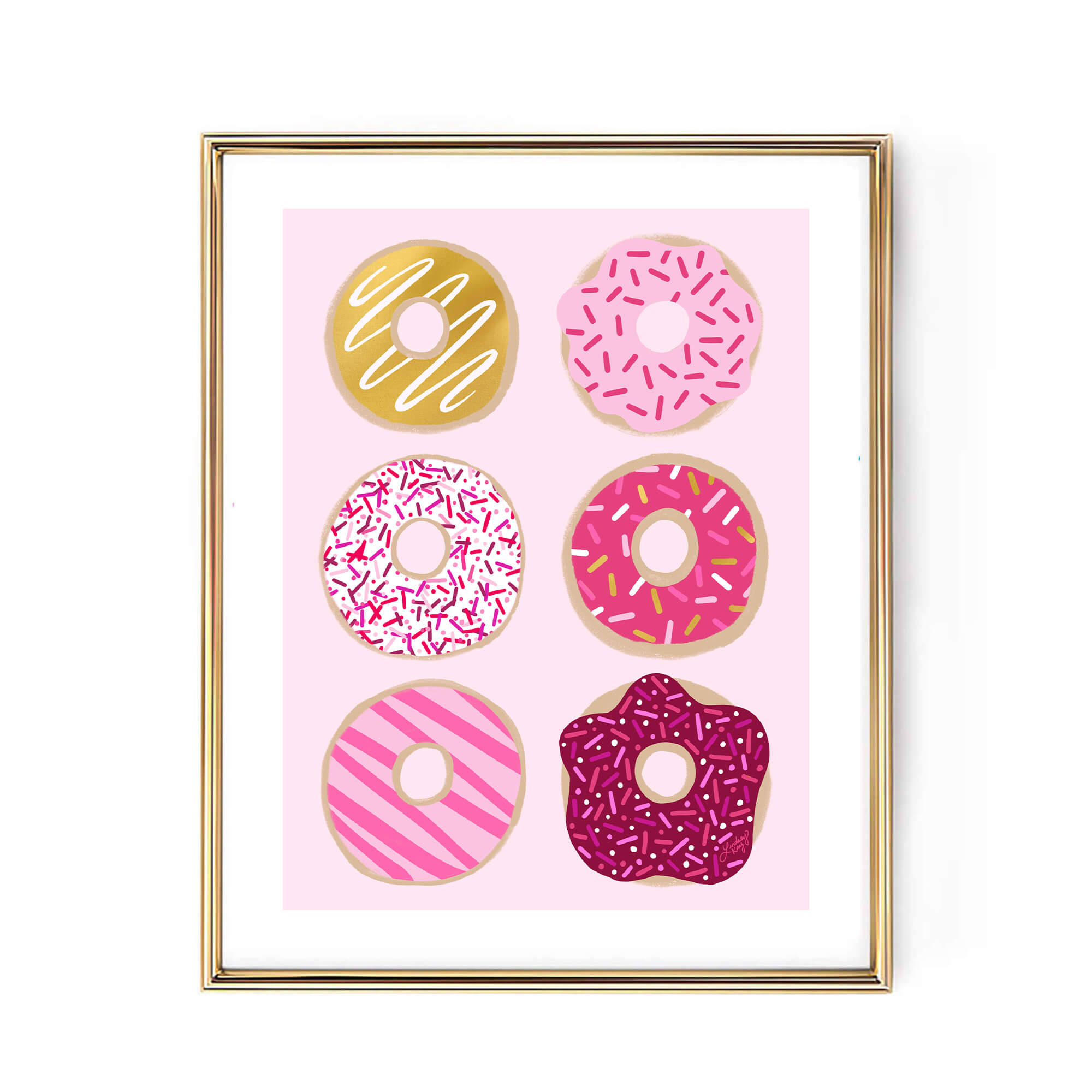 Hand-illustrated colorful donuts art print by Lindsey Kay Collective – 6 vibrant pastel donuts wall decor for kitchens, bakeries, gallery walls, or dorm rooms – printed on enhanced matte paper with bright inks – available in 10 sizes – trendy donut lover wall art poster