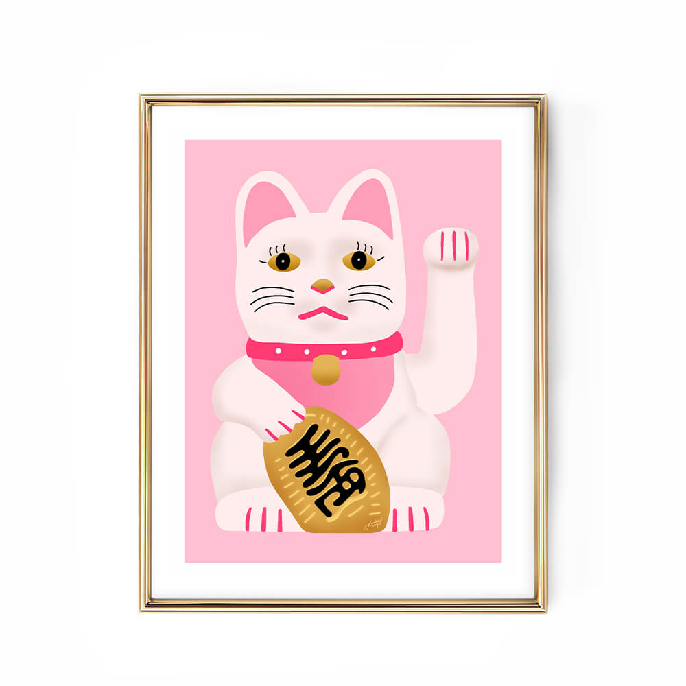 Lucky cat Maneki-neko Hand-illustrated Lucky Cat art print in pink and gold – retro make money kitty wall art by Lindsey Kay Collective