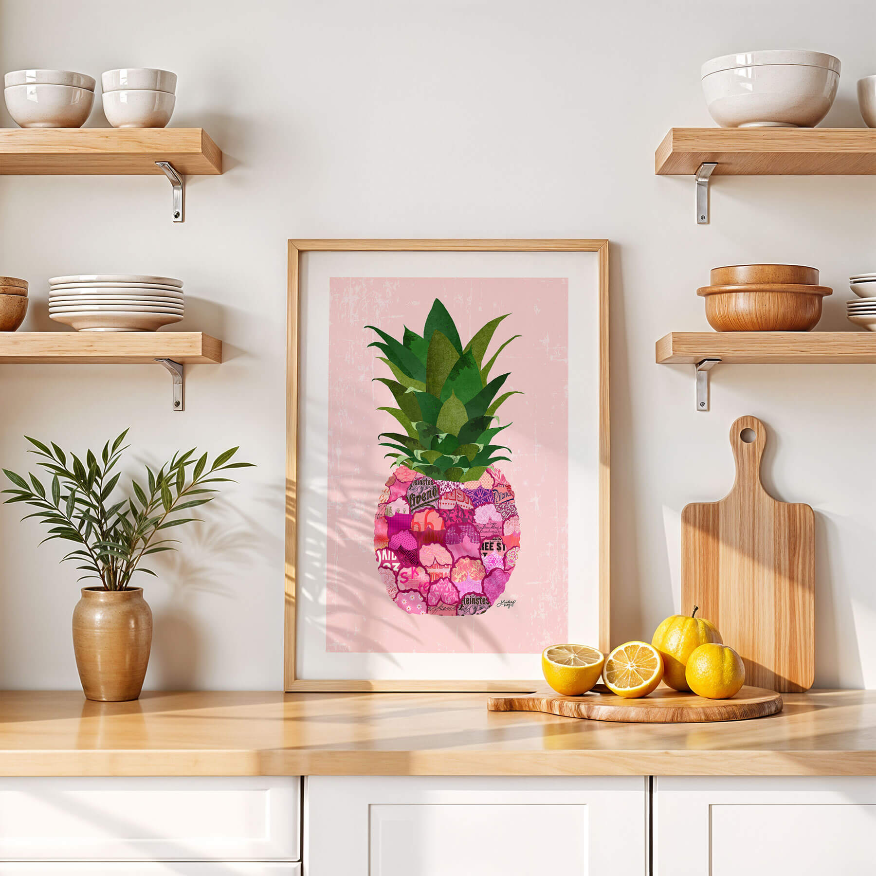 Pink pineapple collage art print by Lindsey Kay Collective – tropical wall art created with vintage paper textures – retro colorful beach home decor – perfect for tropical spaces, dorm rooms, or gallery walls – printed on enhanced matte paper with vibrant inks – available in multiple sizes