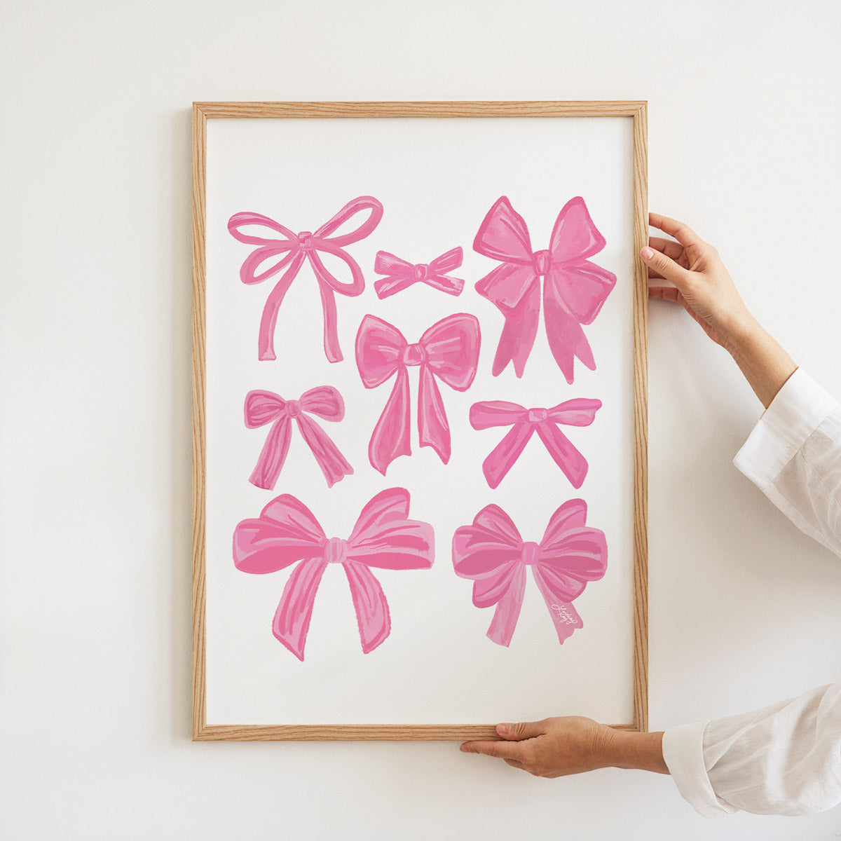 Hand-illustrated pink coquette ribbons art print by Lindsey Kay Collective – girly retro bow wall art – perfect for gallery walls, dorm rooms, or coquette decor – printed on enhanced matte paper with vibrant inks – available in multiple sizes