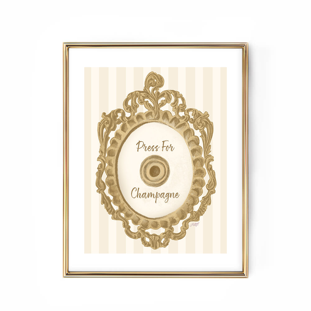 Hand-illustrated Press for Champagne art print by Lindsey Kay Collective – coquette girly wall decor inspired by the iconic button design – available in gold/white, pink/white, and pink/gold color palettes – perfect for dorm rooms, bar carts, or gallery walls – printed on enhanced matte paper with vibrant inks – available in 10 sizes