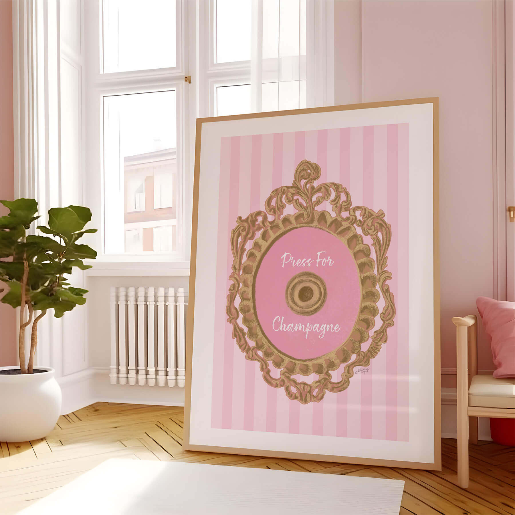 Hand-illustrated Press for Champagne art print by Lindsey Kay Collective – coquette girly wall decor inspired by the iconic button design – available in gold/white, pink/white, and pink/gold color palettes – perfect for dorm rooms, bar carts, or gallery walls – printed on enhanced matte paper with vibrant inks – available in 10 sizes