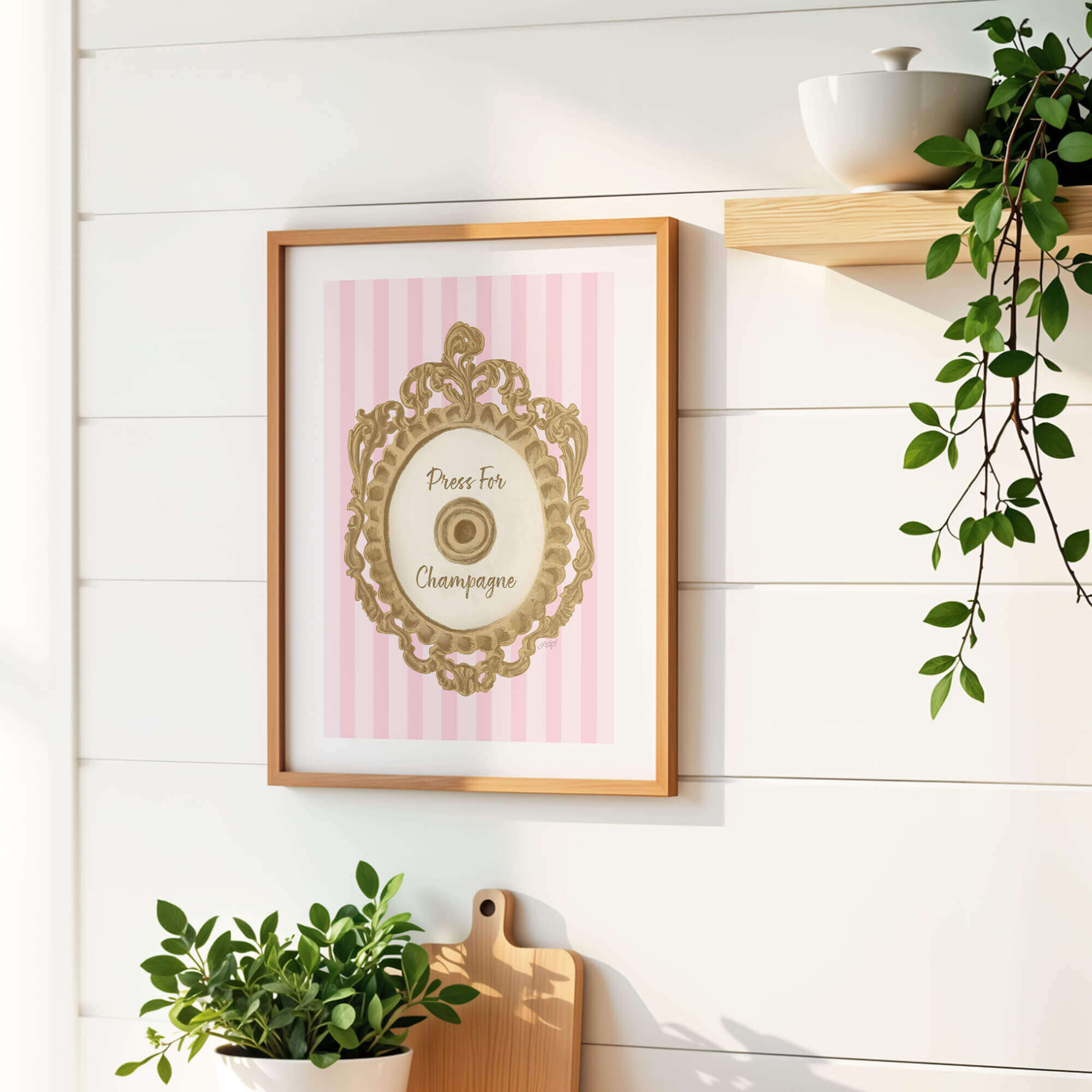 Hand-illustrated Press for Champagne art print by Lindsey Kay Collective – coquette girly wall decor inspired by the iconic button design – available in gold/white, pink/white, and pink/gold color palettes – perfect for dorm rooms, bar carts, or gallery walls – printed on enhanced matte paper with vibrant inks – available in 10 sizes
