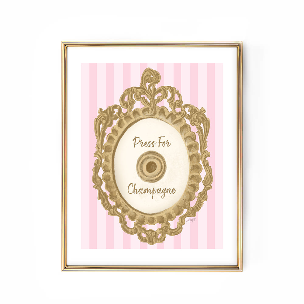 Hand-illustrated Press for Champagne art print by Lindsey Kay Collective – coquette girly wall decor inspired by the iconic button design – available in gold/white, pink/white, and pink/gold color palettes – perfect for dorm rooms, bar carts, or gallery walls – printed on enhanced matte paper with vibrant inks – available in 10 sizes