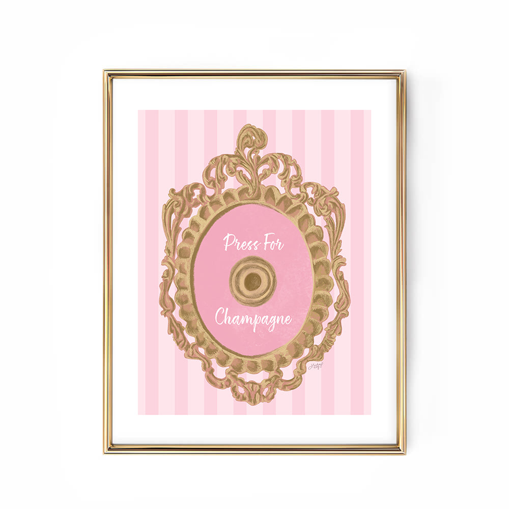 Hand-illustrated Press for Champagne art print by Lindsey Kay Collective – coquette girly wall decor inspired by the iconic button design – available in gold/white, pink/white, and pink/gold color palettes – perfect for dorm rooms, bar carts, or gallery walls – printed on enhanced matte paper with vibrant inks – available in 10 sizes