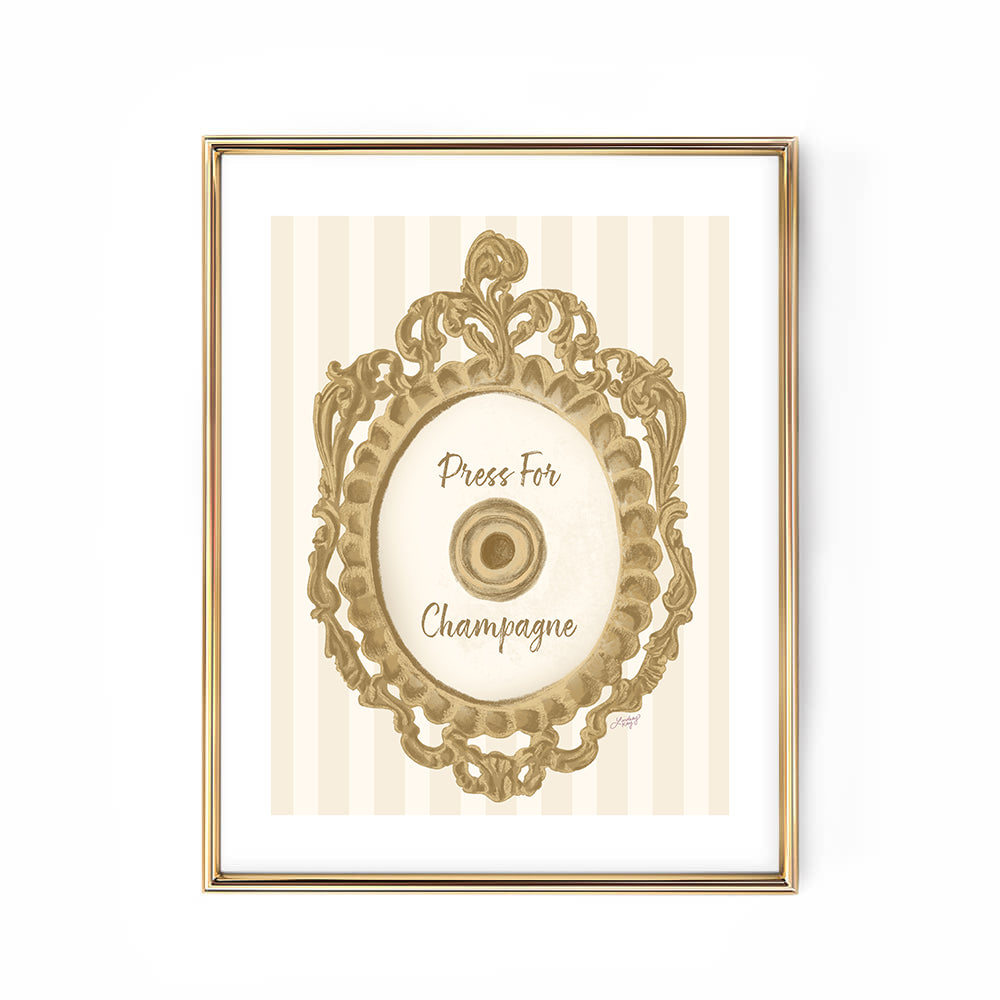 press for champagne art print poster wall art cute trendy bar cart kitchen girly coquette lindsey kay collective cheers 