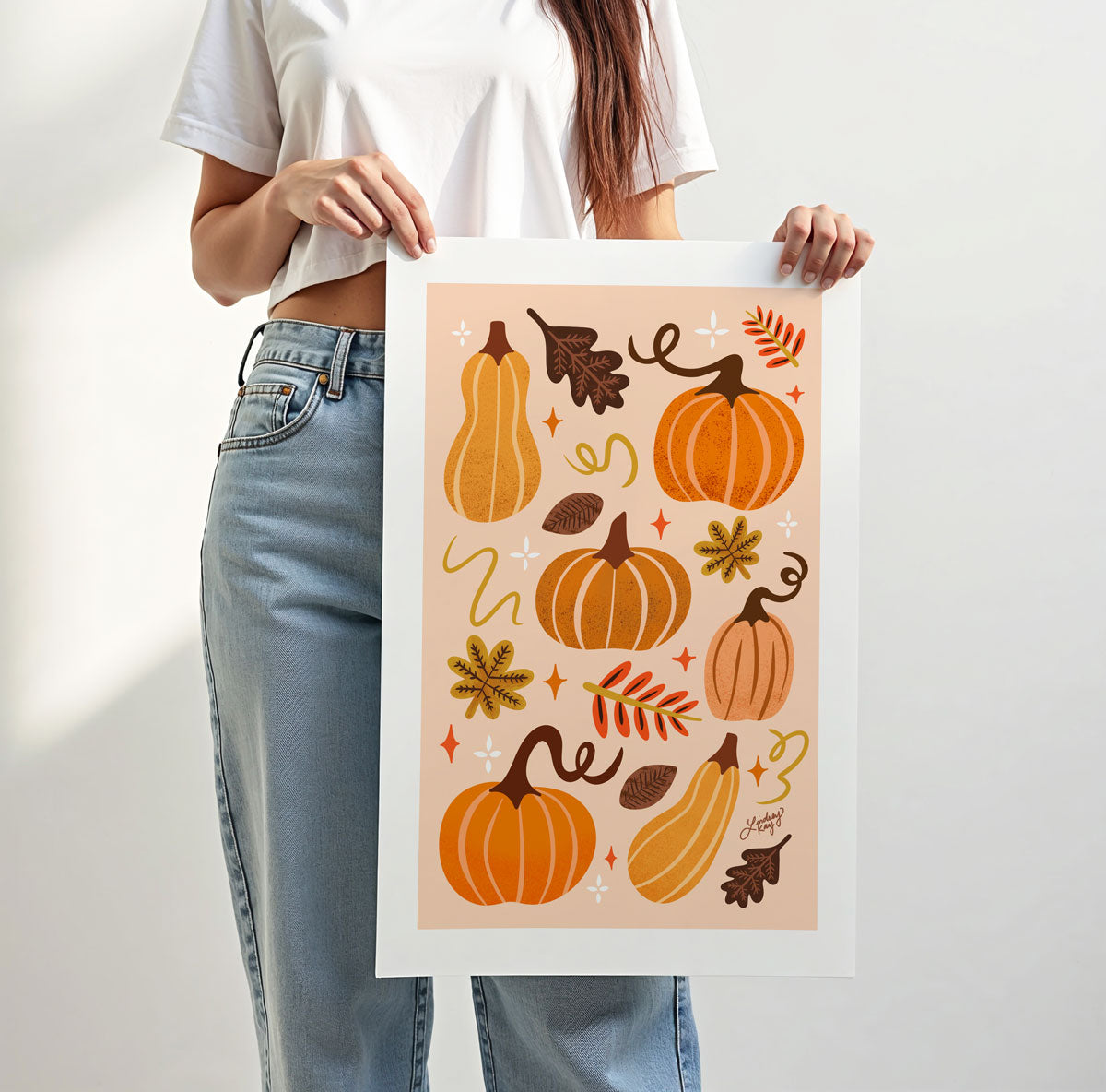 Hand-illustrated fall leaves and pumpkins art print by Lindsey Kay Collective – cozy autumn wall decor – perfect for fall, Halloween, or Thanksgiving – printed on enhanced matte paper with vibrant inks – available in 10 sizes