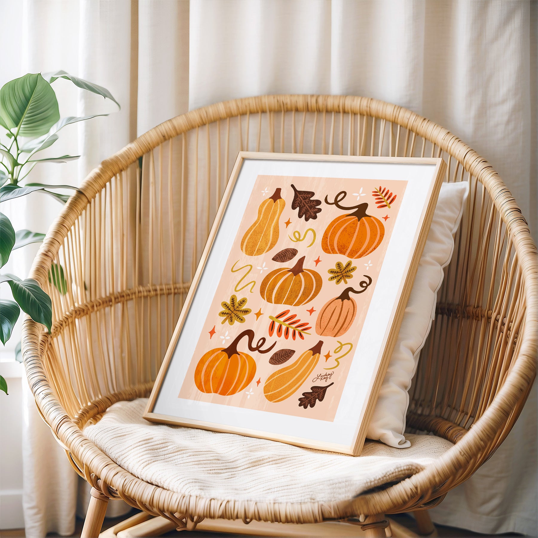Hand-illustrated fall leaves and pumpkins art print by Lindsey Kay Collective – cozy autumn wall decor – perfect for fall, Halloween, or Thanksgiving – printed on enhanced matte paper with vibrant inks – available in 10 sizes