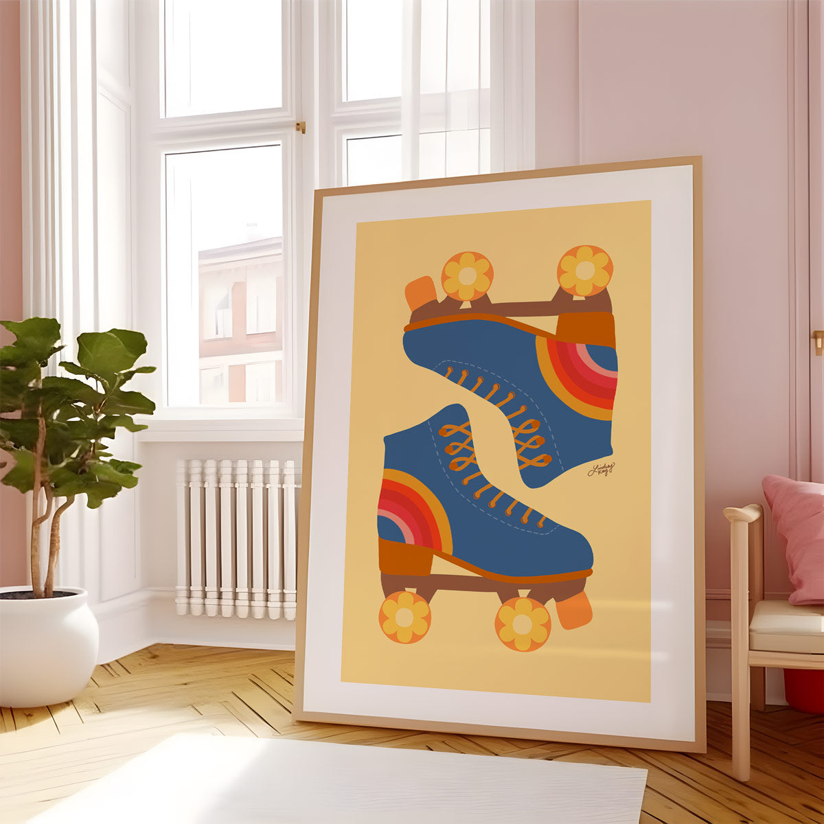Hand-illustrated retro flower power roller skates art print by Lindsey Kay Collective – colorful vintage roller skate wall art – perfect for dorm rooms, gallery walls, or retro girly decor – printed on enhanced matte paper with vibrant inks – available in multiple sizes