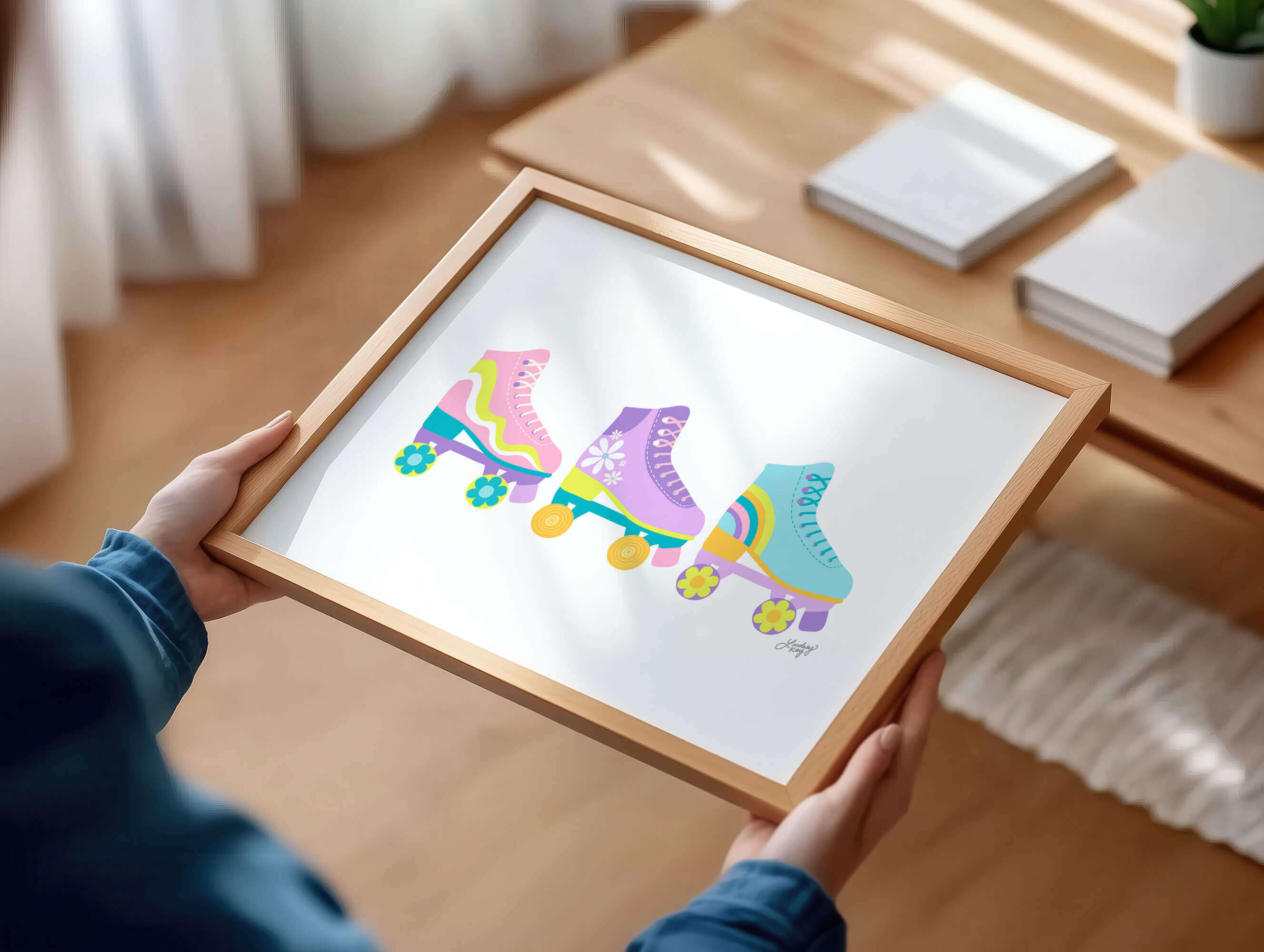 Hand-illustrated retro flower power roller skates art print by Lindsey Kay Collective – vintage colorful roller skate wall art – available in three retro color palettes – perfect for dorm rooms, sororities, or gallery walls – printed on enhanced matte paper with vibrant inks – available in 10 sizes