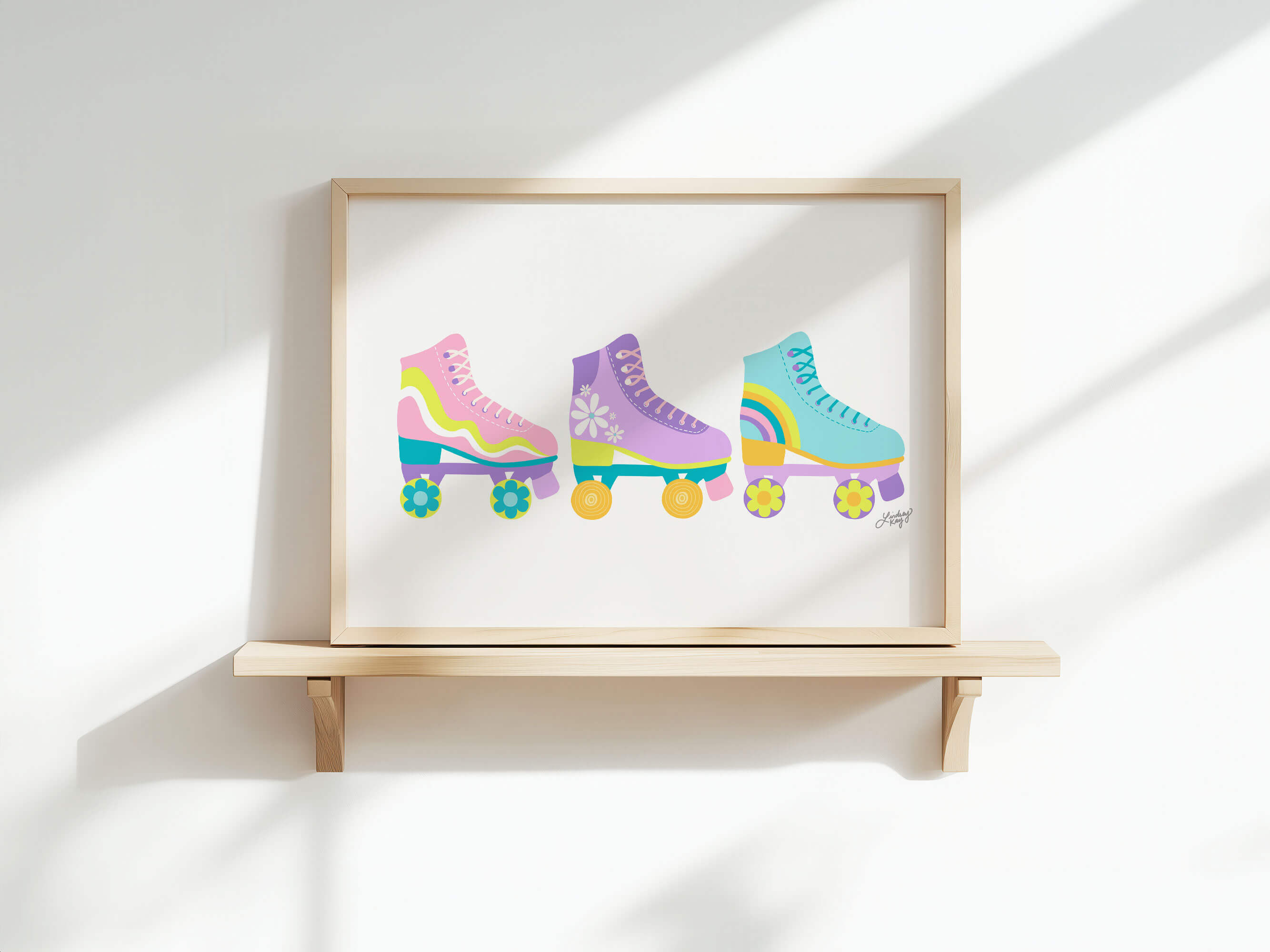 Hand-illustrated retro flower power roller skates art print by Lindsey Kay Collective – vintage colorful roller skate wall art – available in three retro color palettes – perfect for dorm rooms, sororities, or gallery walls – printed on enhanced matte paper with vibrant inks – available in 10 sizes