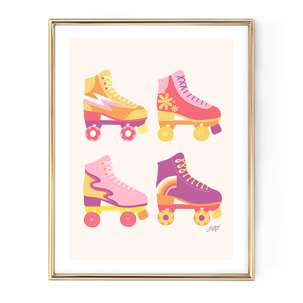Hand drawn retro roller skates art print by Lindsey Kay Collective. Features vintage-style skates in multiple colorful palettes. Perfect for 70s-inspired décor, dorm rooms, and playful gallery walls. Printed on enhanced matte paper and available in various sizes.