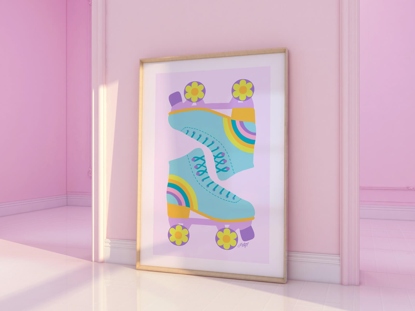 Hand-illustrated retro flower power roller skates art print by Lindsey Kay Collective – colorful vintage roller skate wall art – perfect for dorm rooms, gallery walls, or retro girly decor – printed on enhanced matte paper with vibrant inks – available in multiple sizes