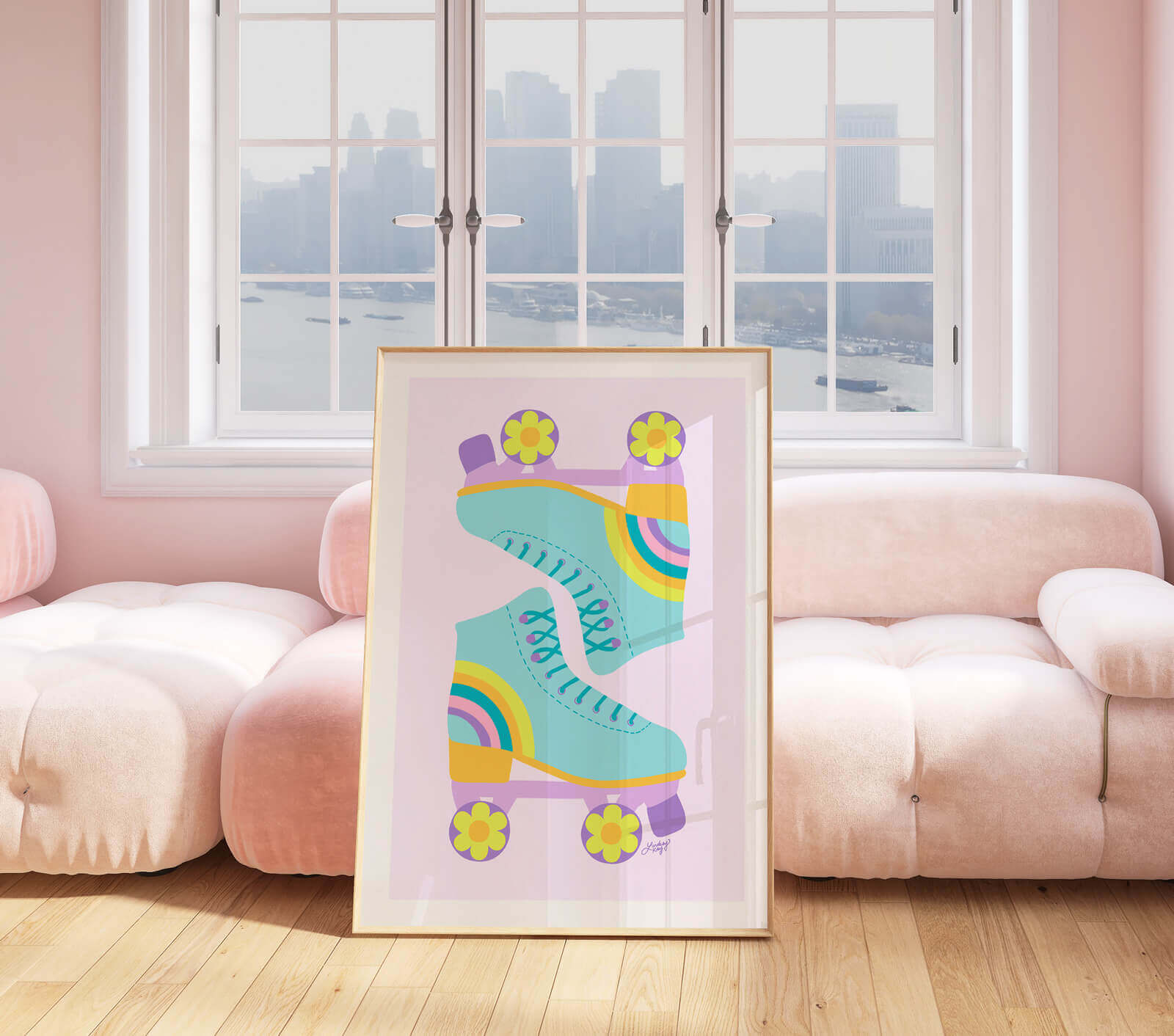 Hand-illustrated retro flower power roller skates art print by Lindsey Kay Collective – colorful vintage roller skate wall art – perfect for dorm rooms, gallery walls, or retro girly decor – printed on enhanced matte paper with vibrant inks – available in multiple sizes
