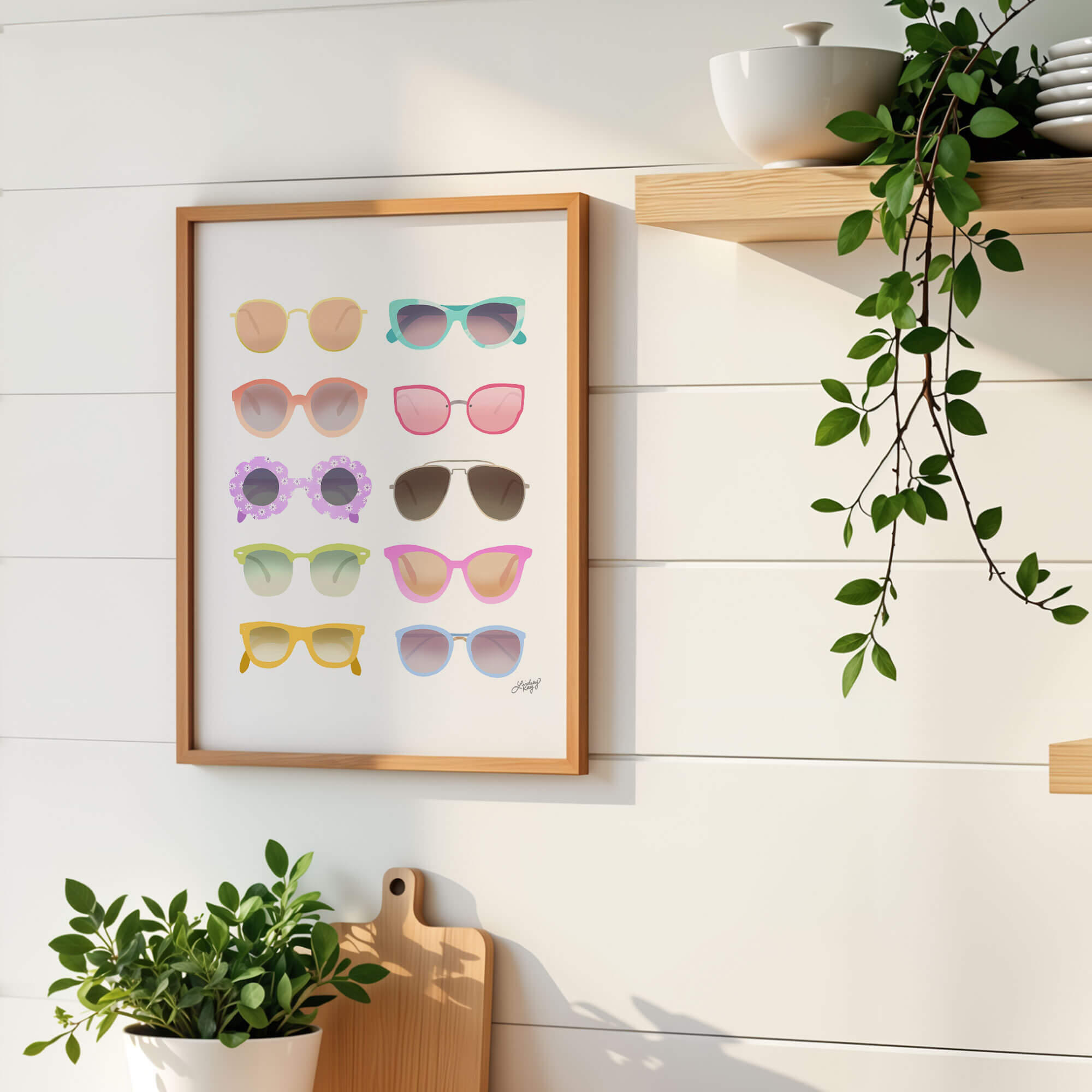 Pastel art print featuring hand-illustrated retro sunglasses, combining playful colors and vintage flair for a bold, trendy wall decor statement. Created by Lindsey Kay Collective.