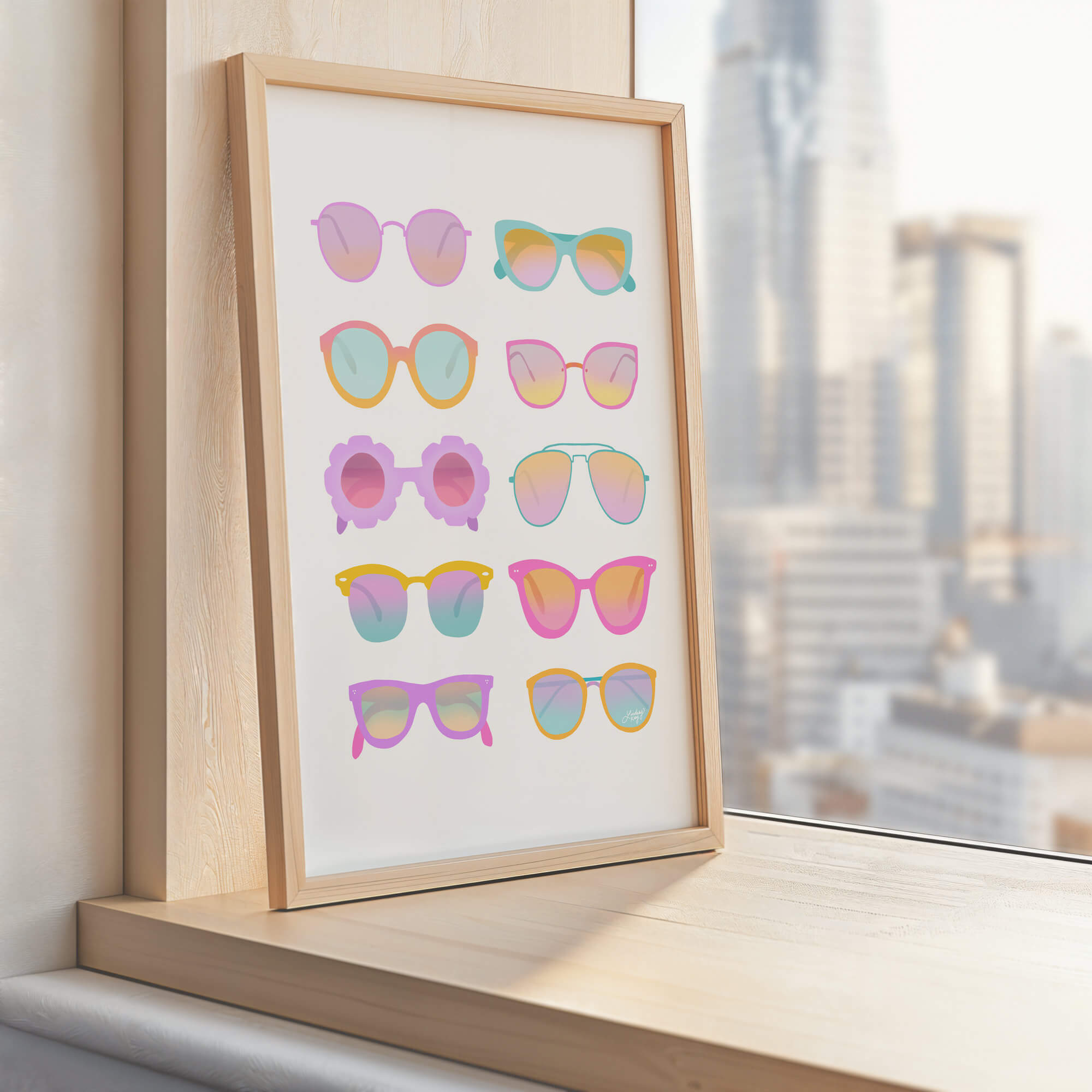 Neon pastel art print featuring hand-illustrated retro sunglasses, combining playful colors and vintage flair for a bold, trendy wall decor statement. Created by Lindsey Kay Collective.
