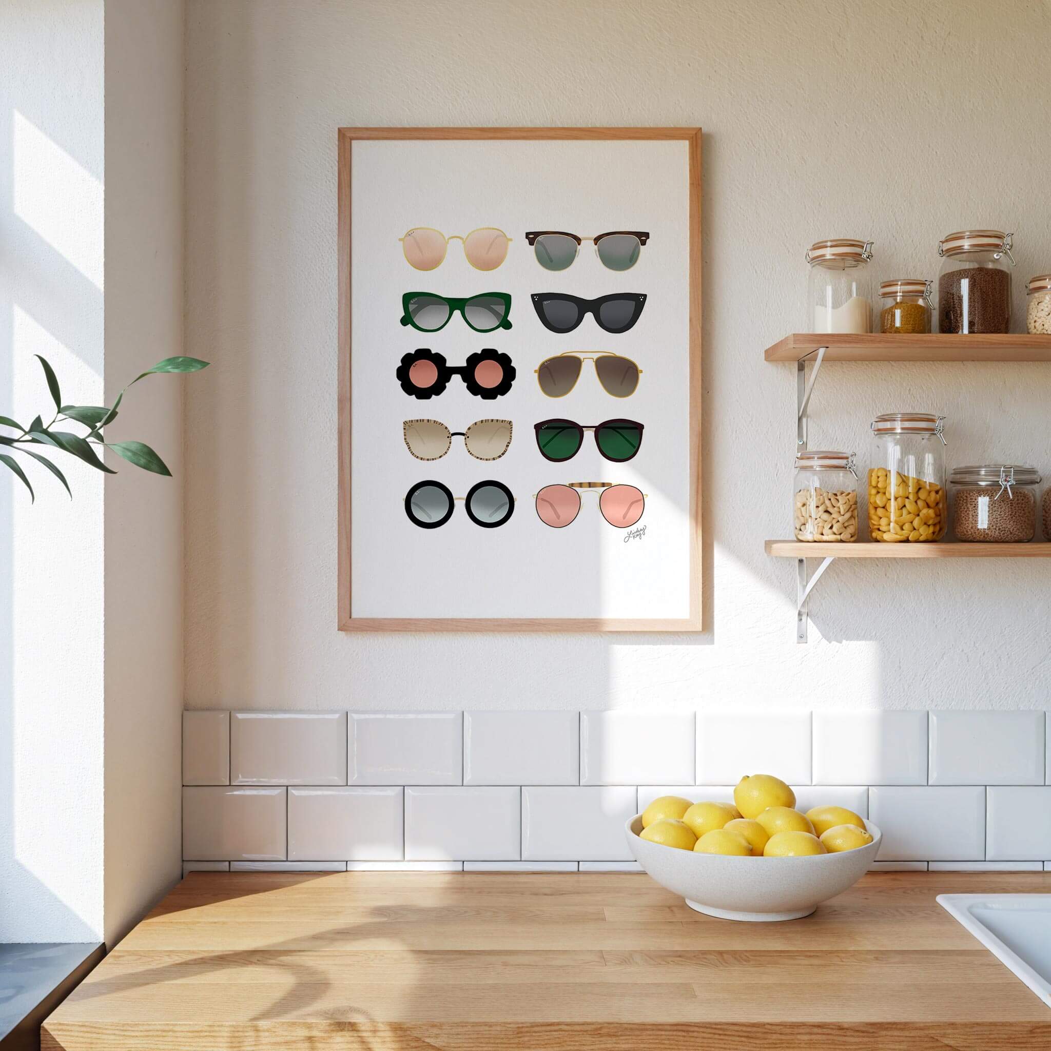 Art print featuring hand-illustrated retro sunglasses, combining playful colors and vintage flair for a bold, trendy wall decor statement. Created by Lindsey Kay Collective.
