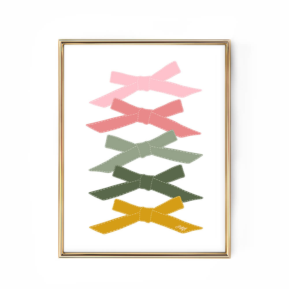 Hand-drawn modern illustration of 5 ribbons by Lindsey Kay Collective – simple minimal ribbon wall art available in four color palettes – perfect for gallery walls, dorm rooms, or girly decor – printed on enhanced matte paper with vibrant inks – available in 10 sizes