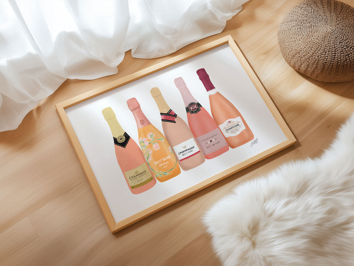 Hand drawn champagne bottles art print by Lindsey Kay Collective. Perfect for bar cart décor, kitchen walls, or gallery displays. Printed on enhanced matte paper and available in multiple sizes. Stylish gift for champagne lovers and party hosts.
