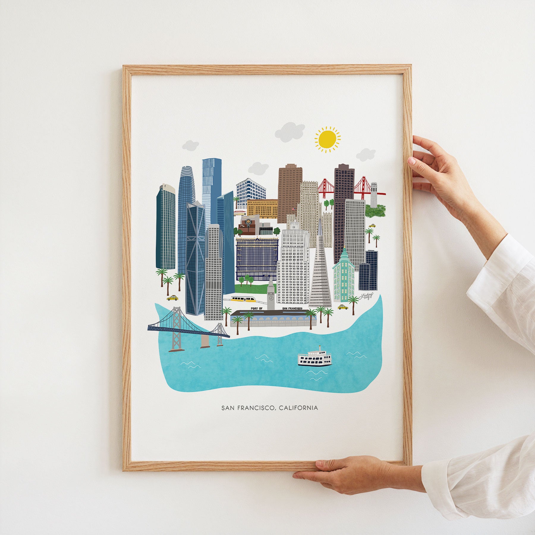 Hand-illustrated San Francisco skyline art print by Lindsey Kay Collective – downtown cityscape wall art – perfect for California homes, offices, or gallery walls – modern detailed line art printed on enhanced matte paper with vibrant inks – available in multiple sizes