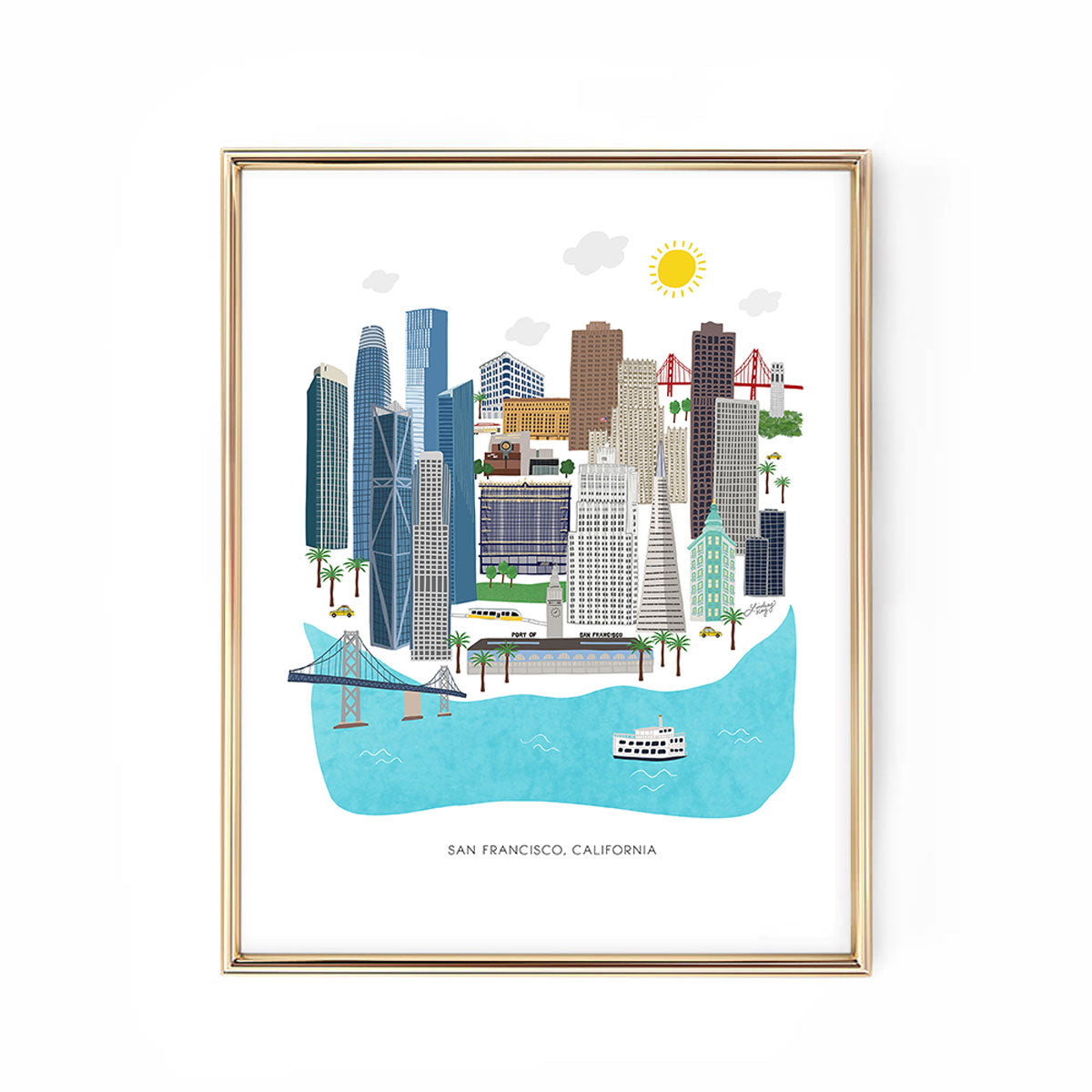 Hand-illustrated San Francisco skyline art print by Lindsey Kay Collective – downtown cityscape wall art – perfect for California homes, offices, or gallery walls – modern detailed line art printed on enhanced matte paper with vibrant inks – available in multiple sizes