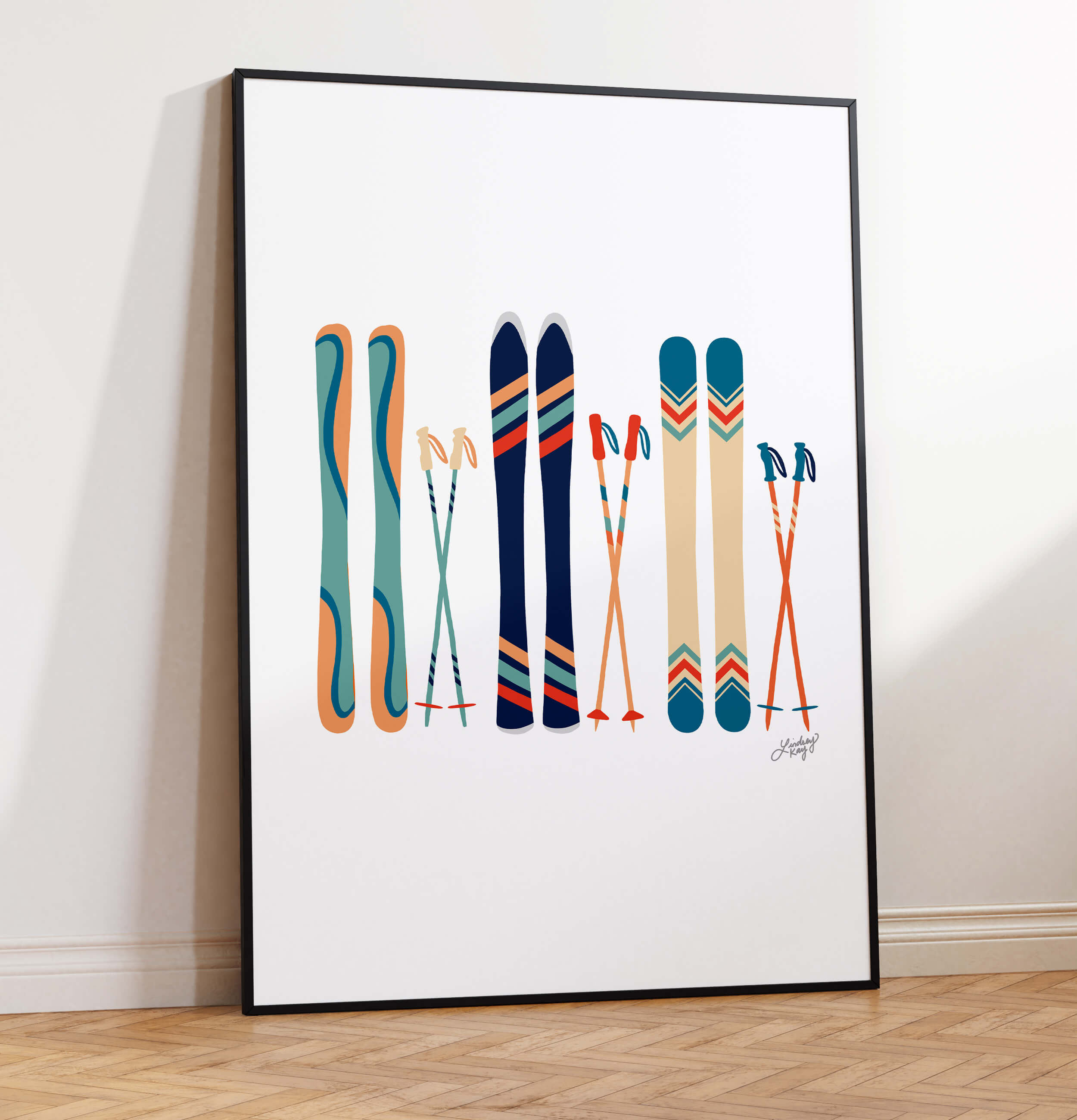 Ilustración de esquí (paleta verde azulado/naranja) - Impresión de arte