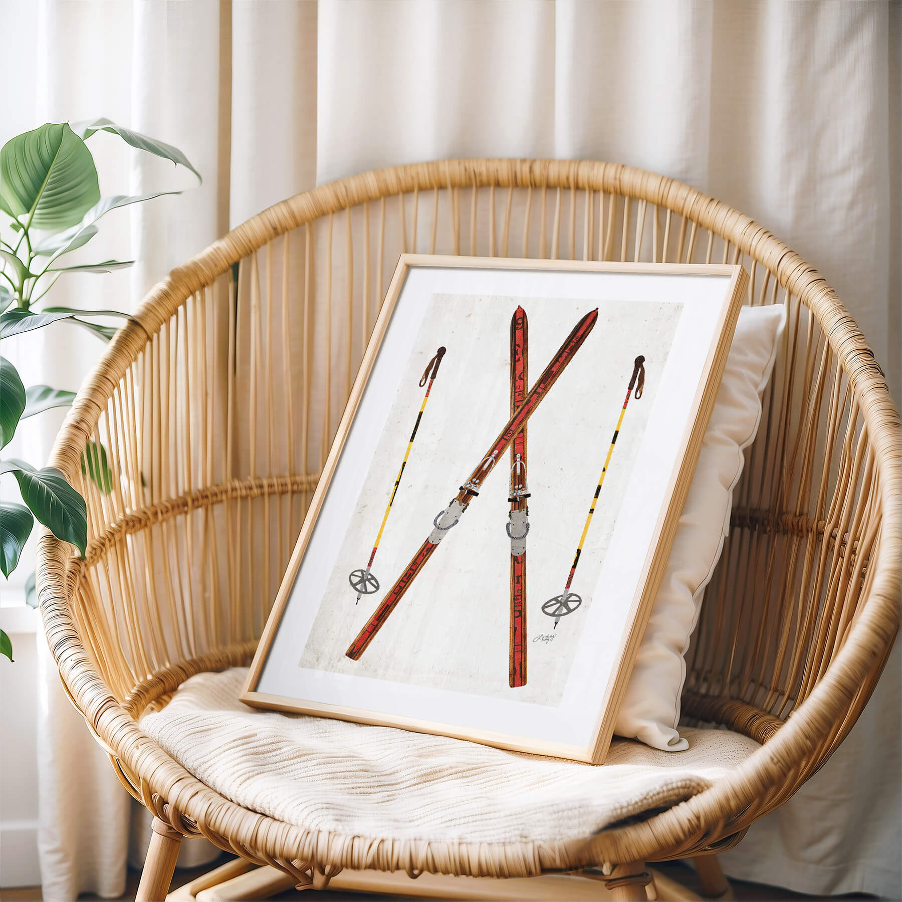 Rustic vintage skis collage art print by Lindsey Kay Collective – mixed media ski wall art created with vintage paper textures – perfect for cabins, ski lodges, or mountain homes – cozy winter decor printed on enhanced matte paper with vibrant inks – available in multiple sizes