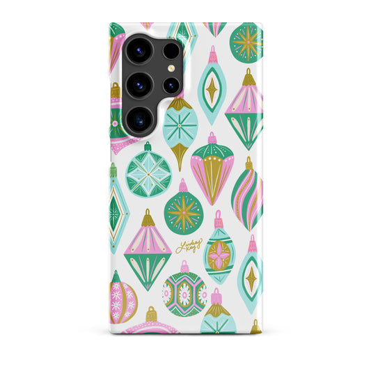 Hand-drawn retro Christmas ornament Samsung phone case in bright festive colors — available in Clear and Tough styles. Perfect for the holidays and showing your fun, festive personality. Hand-illustrated by Lindsey Kay Collective.”