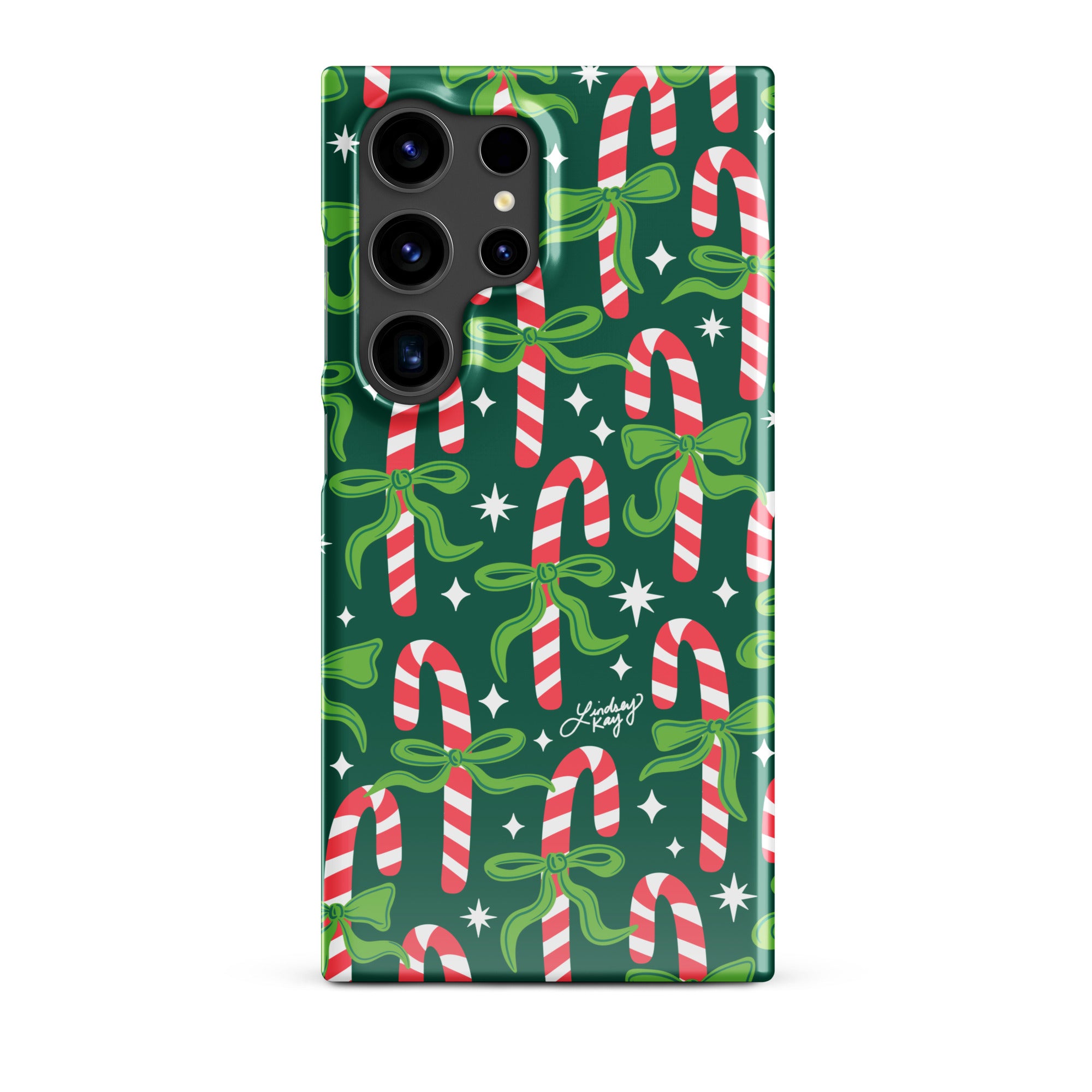 Hand-drawn festive candy cane Samsung case with ribbons in bright greens, pinks, and reds. Holiday phone case for girly, festive style. Available in Clear and Tough options for all Samsung Galaxy sizes. Hand-illustrated by Lindsey Kay Collective — female-owned small business, no AI used.