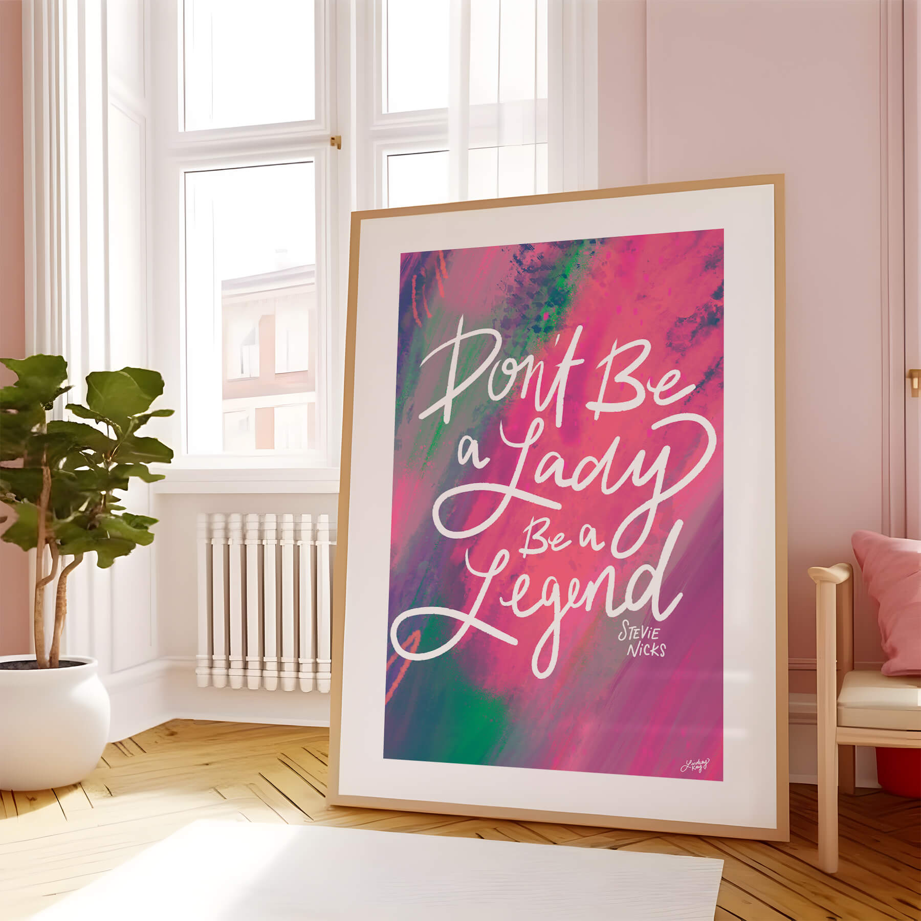 Hand-lettered Stevie Nicks quote art print Don’t Be a Lady Be a Legend by Lindsey Kay Collective – empowering inspirational wall art – available in gold/white, pink, pastel purple/green, and black/purple color palettes – perfect for female empowerment gifts, office decor, dorm rooms, or gallery walls – printed on enhanced matte paper with vibrant inks – available in 10 sizes