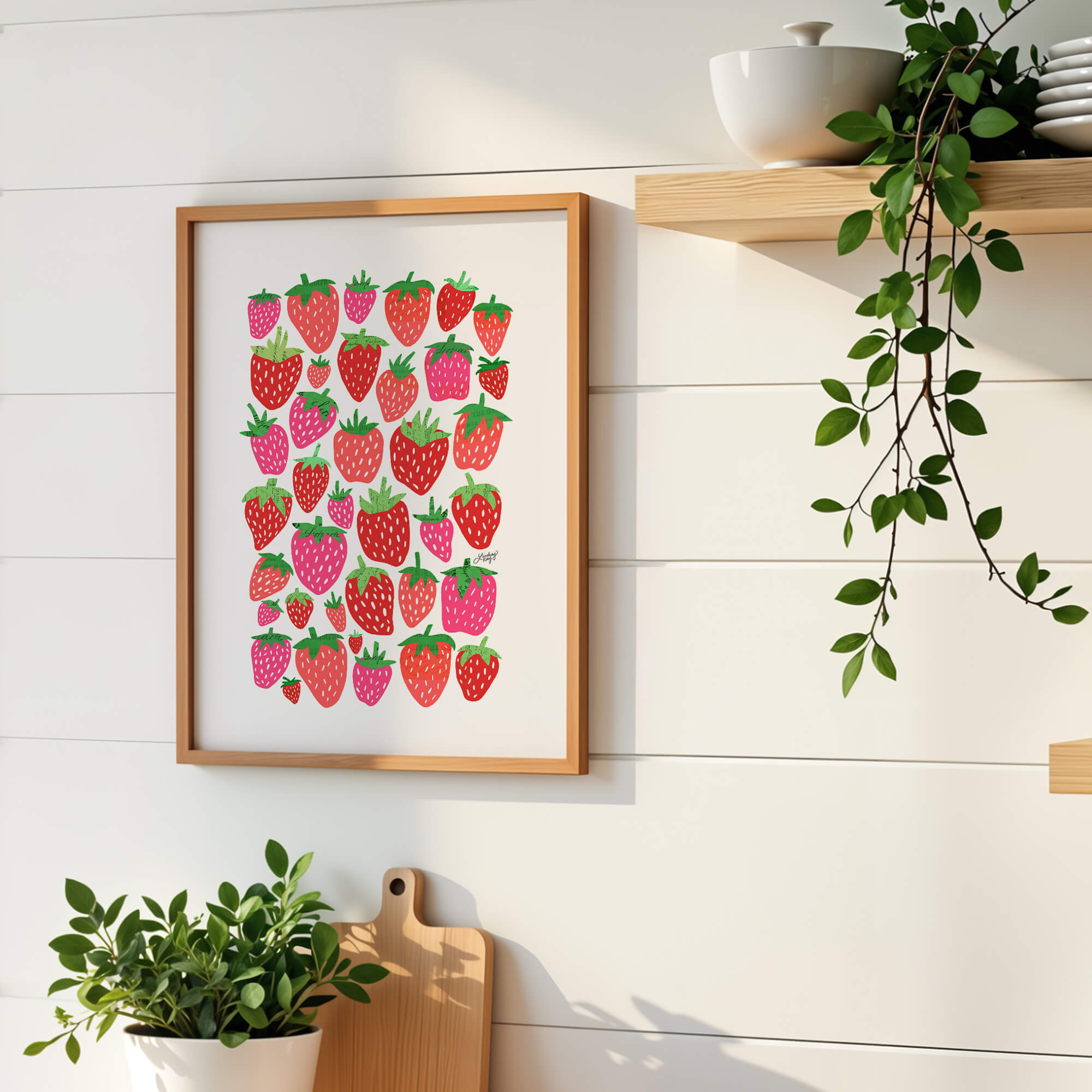 Hand-drawn strawberry collage art print by Lindsey Kay Collective – whimsical fruit wall art with vintage paper details – colorful strawberry illustration perfect for kitchens, gallery walls, or home decor – printed on enhanced matte paper with vibrant inks – available in multiple sizes